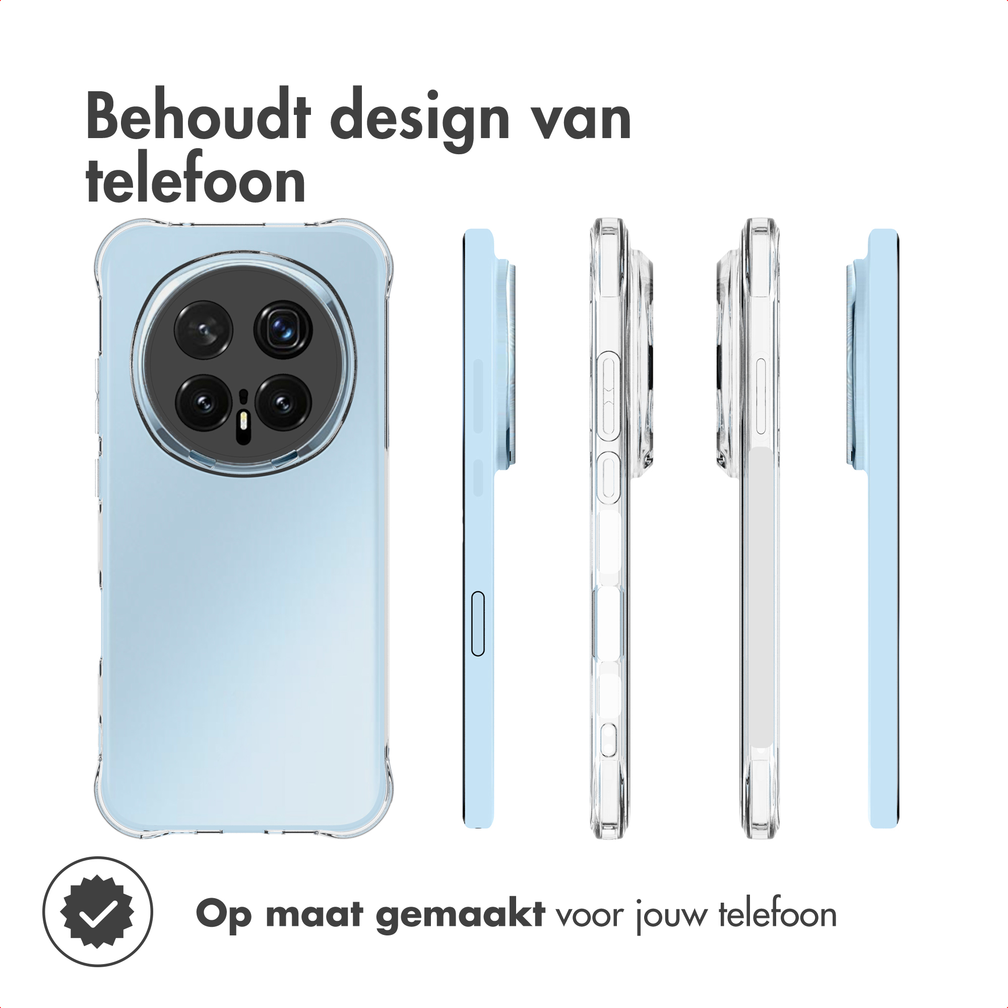 Telefono con custodia azzurra. Testo: Mantiene il design del telefono, Realizzato su misura per il tuo telefono.