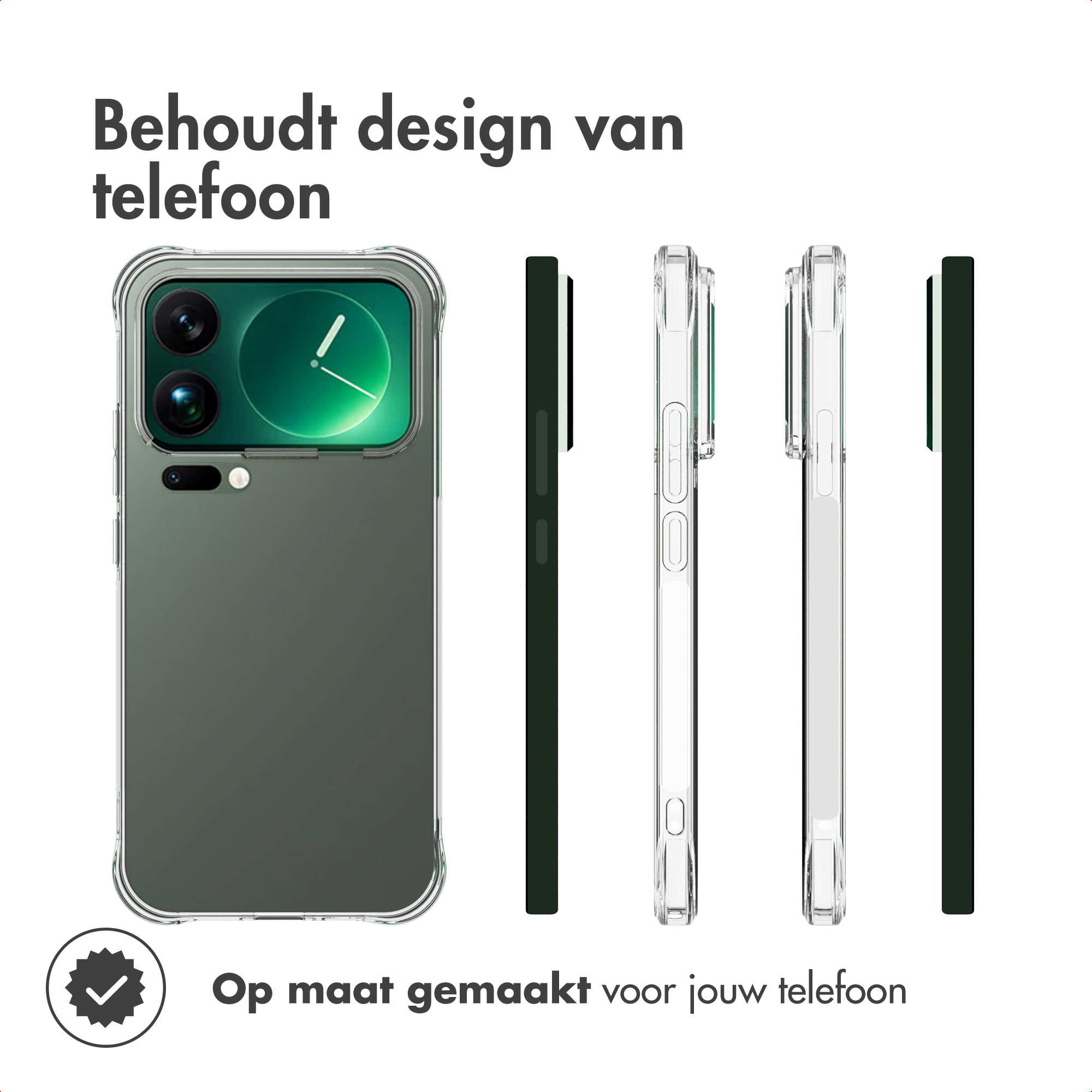 Una custodia per telefono è mostrata con tre viste. Il testo dice che mantiene il design del telefono ed è personalizzata.