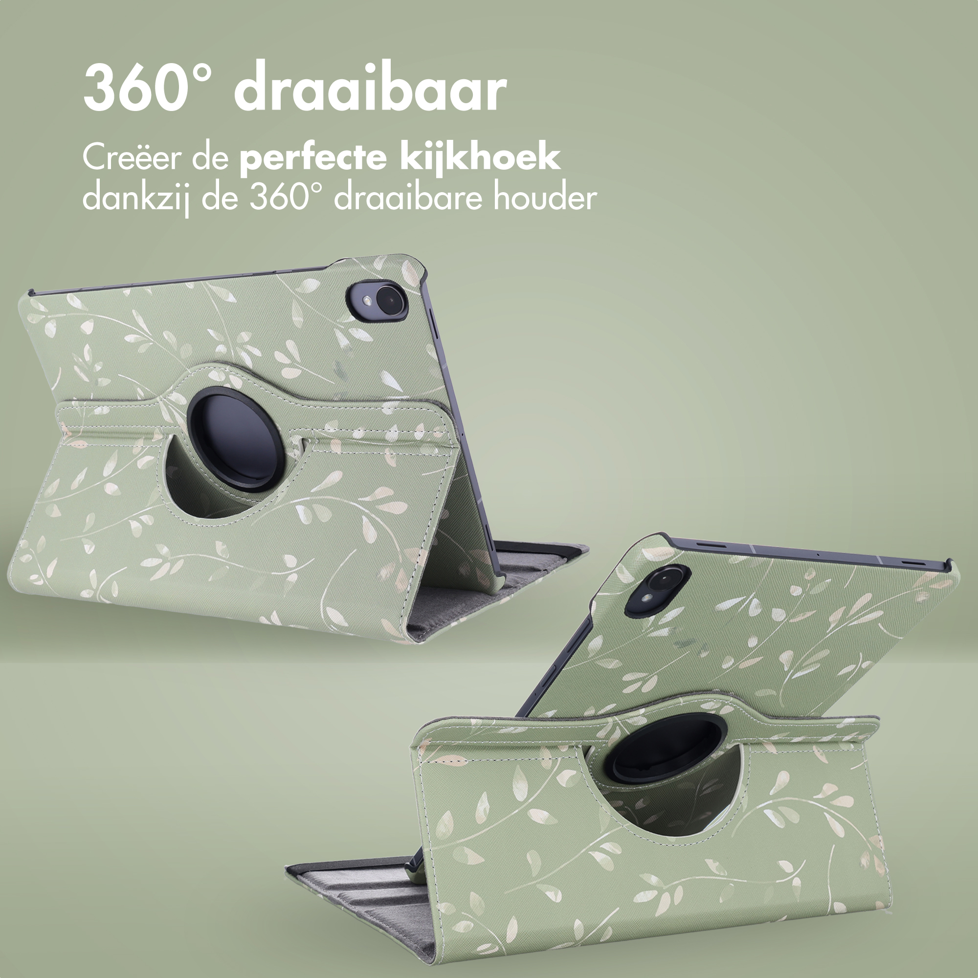 Green tablet case with floral pattern. One open, one closed. Black rotating holder. Green background. Text at the top.