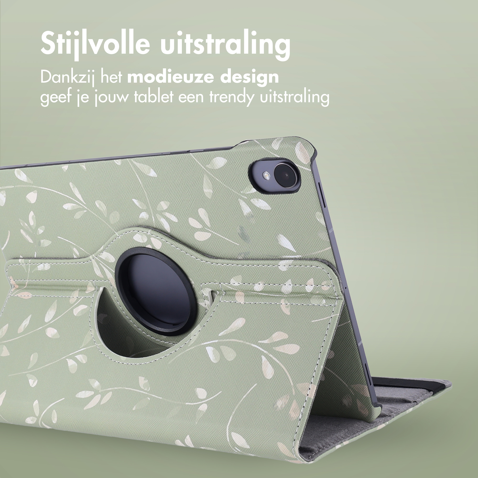 Tablet case in green with floral pattern. Black camera lens. Green background with text.