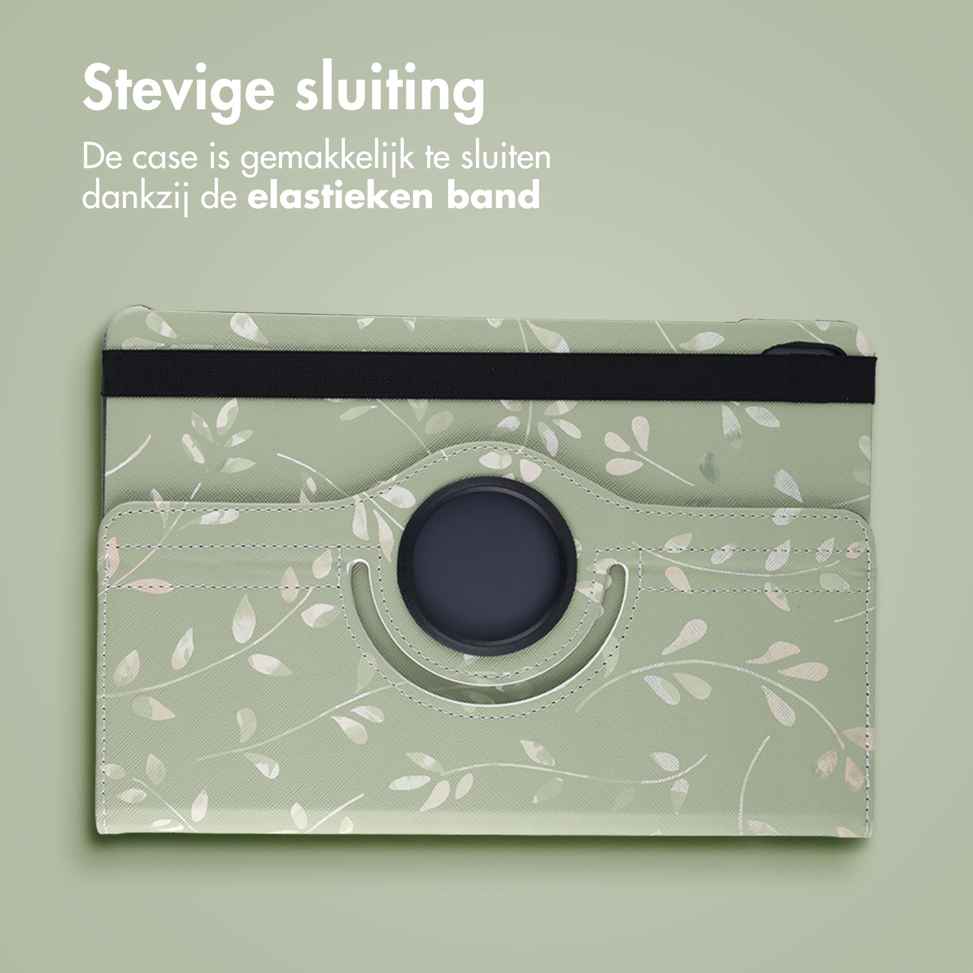 Green tablet case with floral pattern and black elastic band for closure, centered on a light green background.