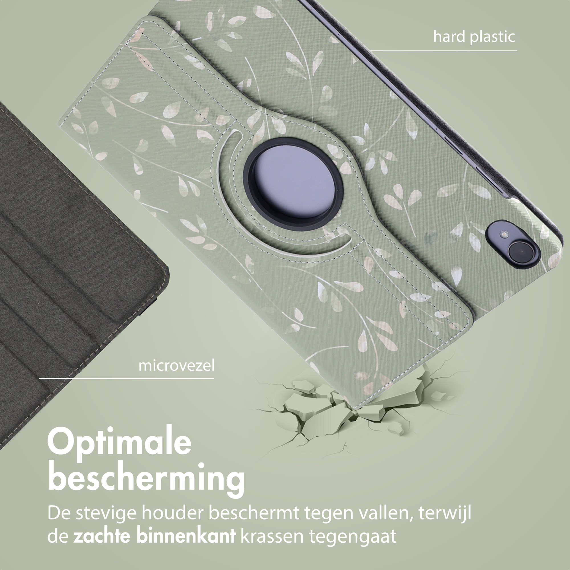 Tablet case with green floral design, black camera, and a microfiber interior. Hard plastic and text in Dutch are also visible.