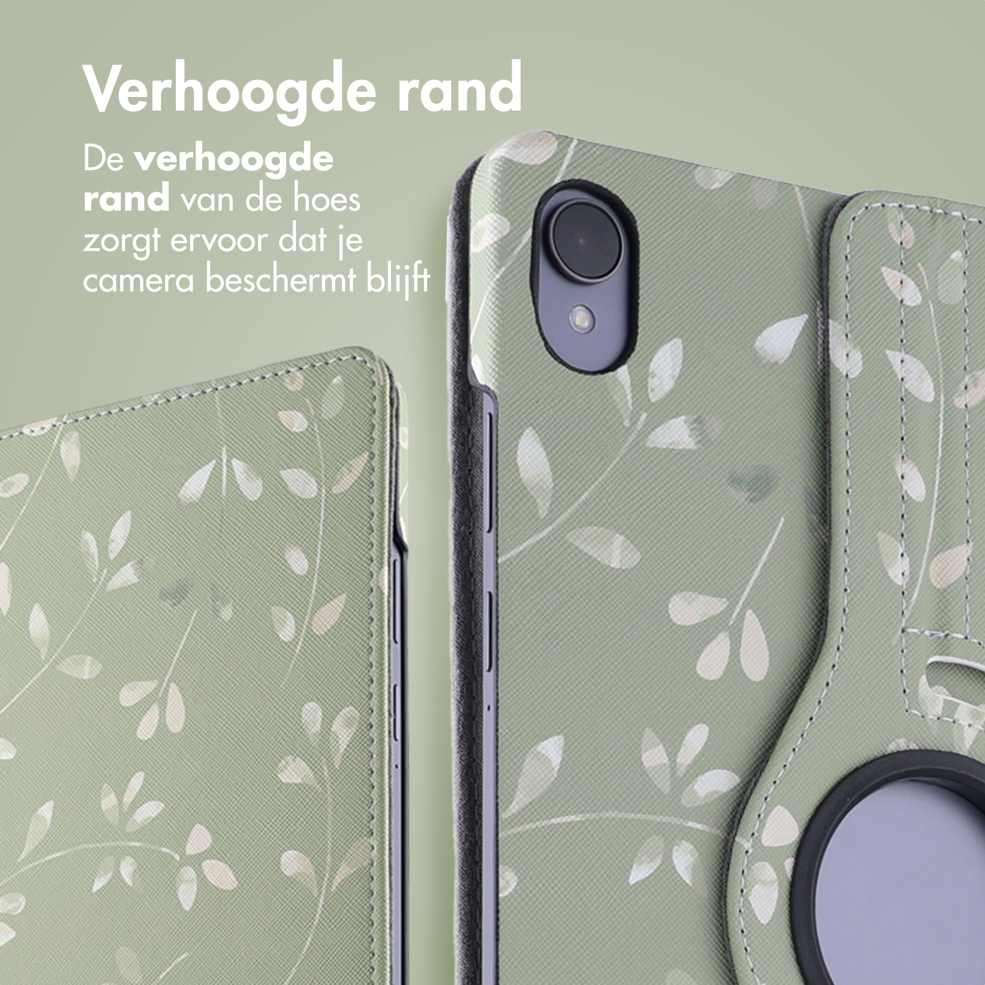 A phone case with a floral pattern. The raised edge protects the camera. Green case with white leaves.