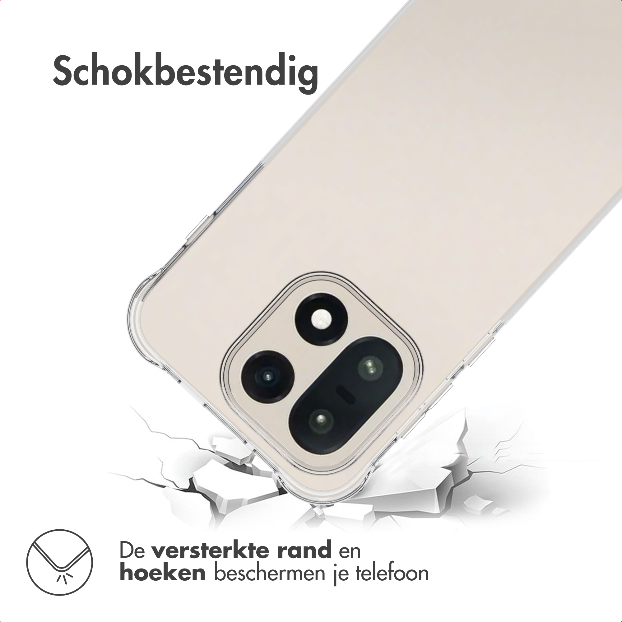 Getoonde telefoonhoes, schuin, op witte achtergrond met scheuren. Tekst: 'Schokbestendig' en 'De versterkte randen beschermen je telefoon'.