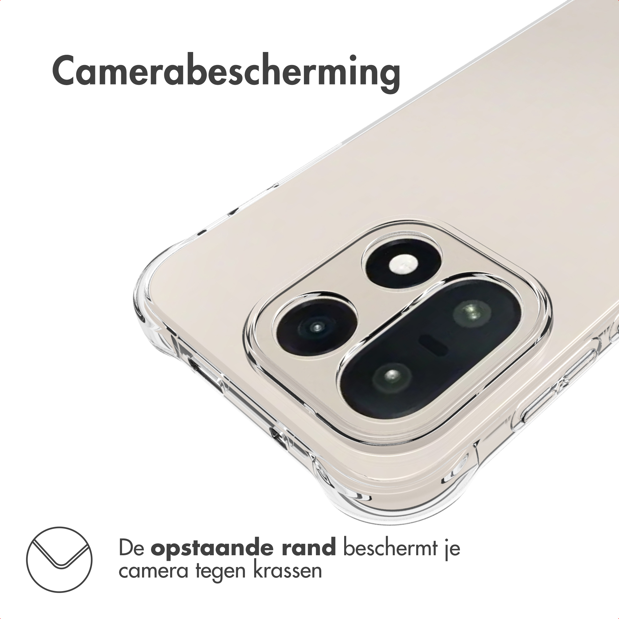 Een transparante telefoonhoes met camerabescherming wordt getoond. Beschermt tegen krassen. Tekst: Camerabescherming.