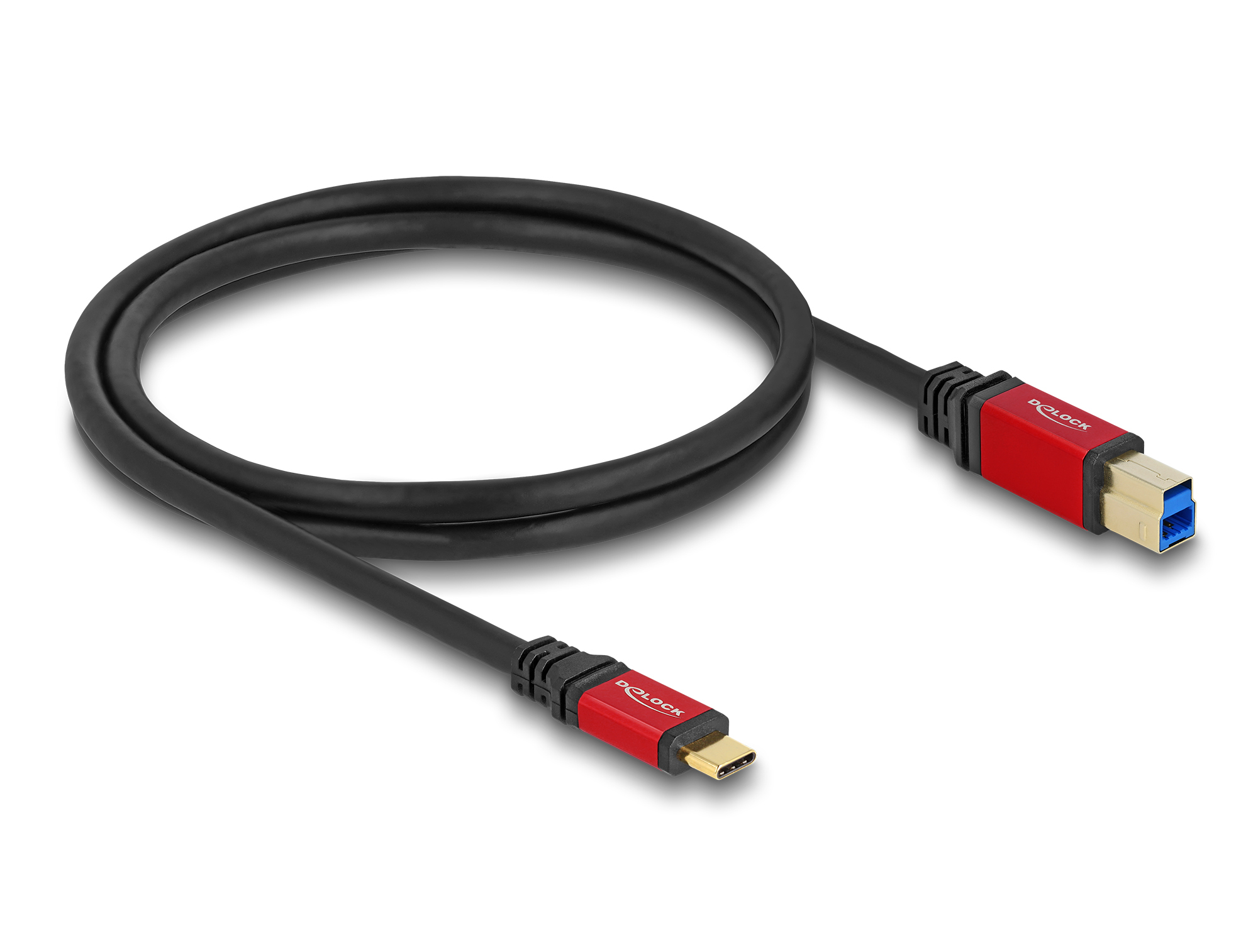 Ein schwarzes USB-Kabel mit roten Steckern. Ein Ende ist USB-A, das andere USB-C. Die Marke ist 'D-LOCK'.
