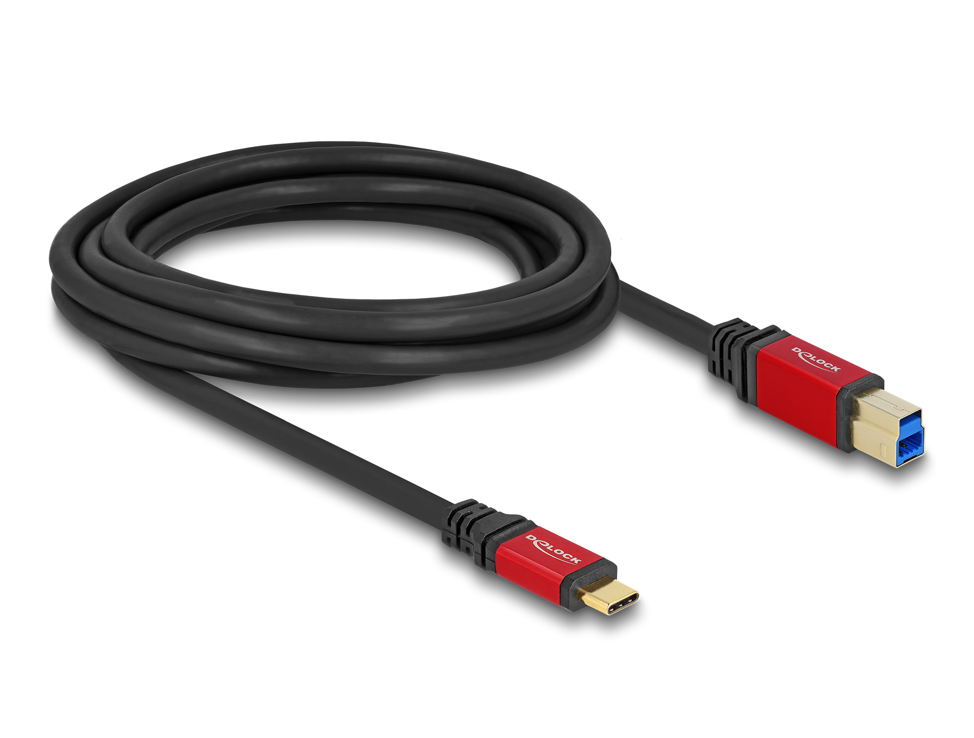 Ein schwarzes Kabel ist auf einer weißen Oberfläche aufgerollt. Rote Stecker mit dem Logo "DOLOCK" befinden sich an jedem Ende.