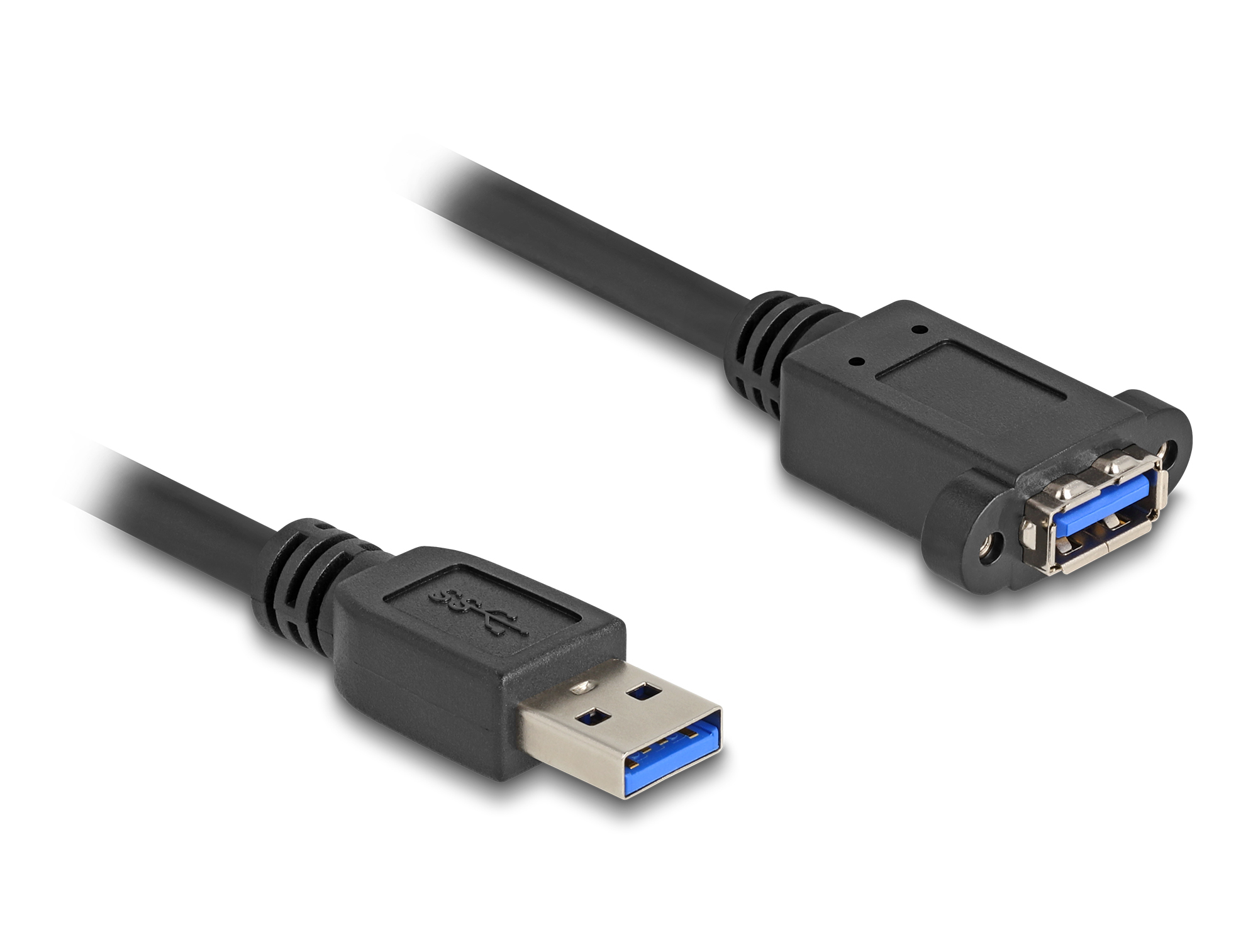 Ein schwarzes USB 3.0-Kabel mit zwei Anschlüssen. Einer ist ein USB-Stecker, der andere ein Anschluss. Beide haben blaue Einsätze.