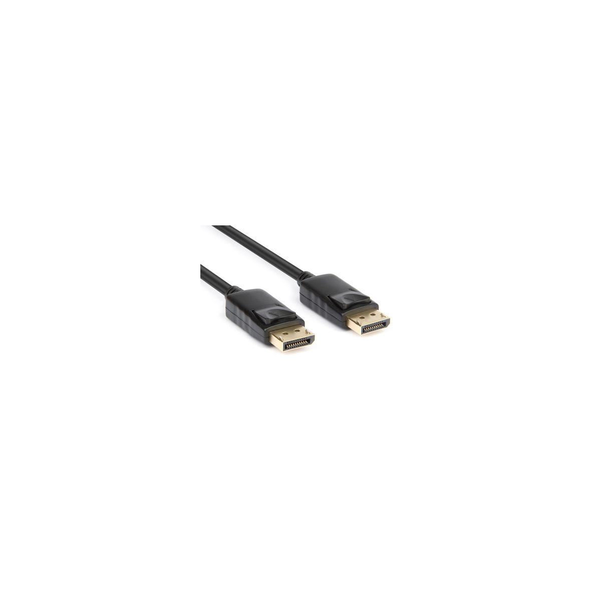 Zwei schwarze DisplayPort-Kabel auf weißem Hintergrund. Jedes Kabel hat Stecker mit goldfarbenen Pins.
