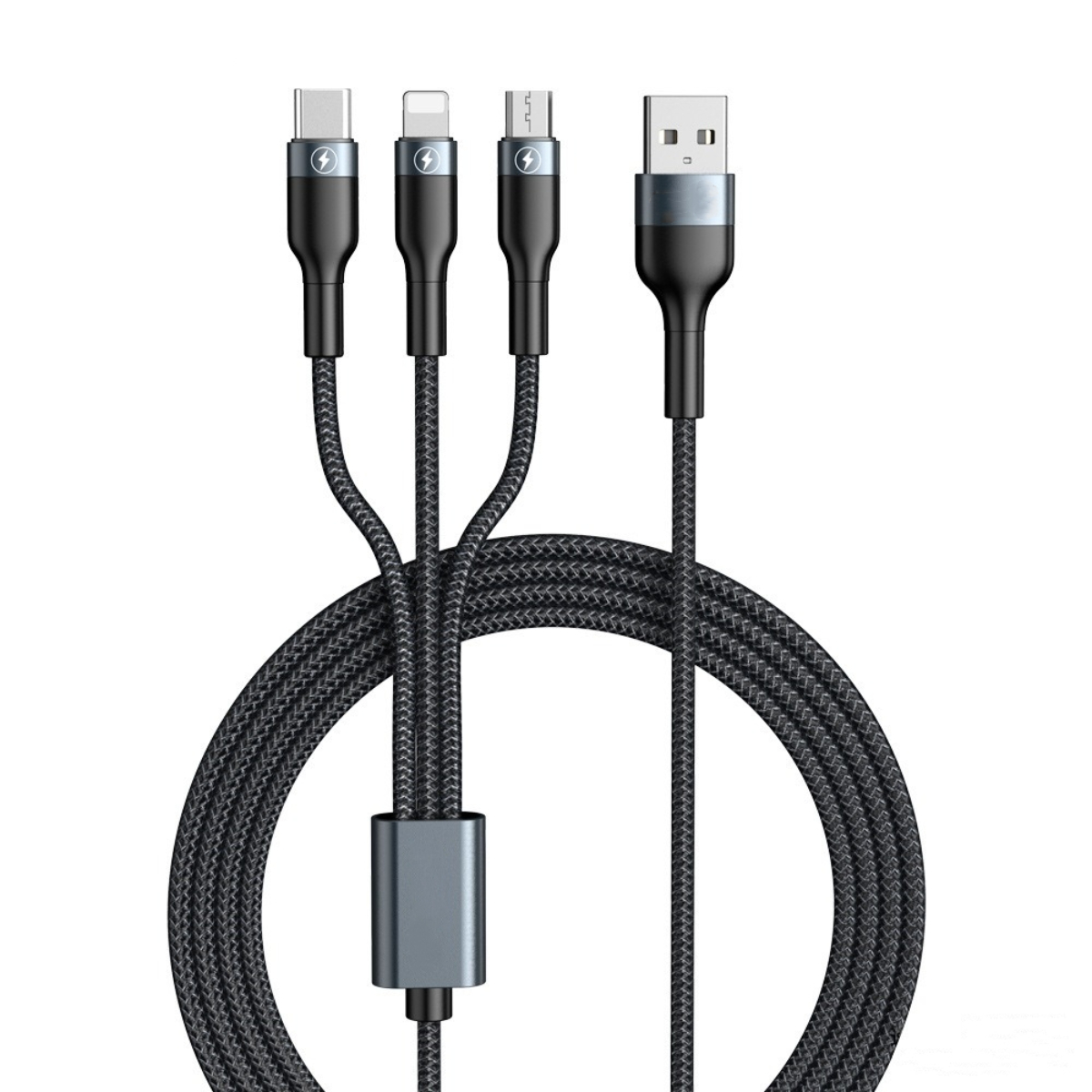 Ein Mehrfachkabel-Ladegerät mit vier verschiedenen Anschlüssen: USB-C, Lightning, Micro-USB und USB-A. Schwarze Kabel mit grauem geflochtenem Design.