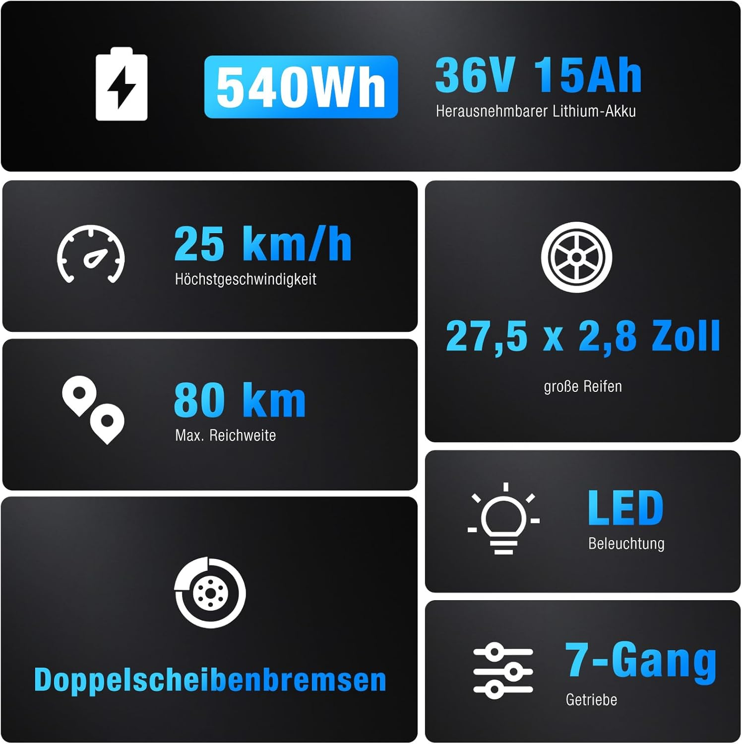 Bild mit Details für ein E-Bike, einschließlich Batterieinfo, Geschwindigkeit, Reichweite, Radgröße, Beleuchtung, Bremsen und Getriebedetails.