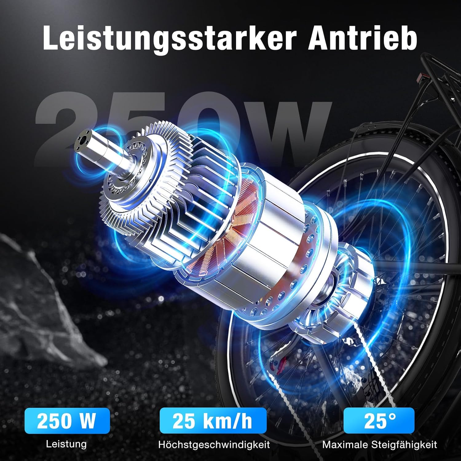 Ein Elektromotor mit Text 250W, 25 km/h und 25 Grad. Ein Fahrradrad ist im Hintergrund sichtbar.