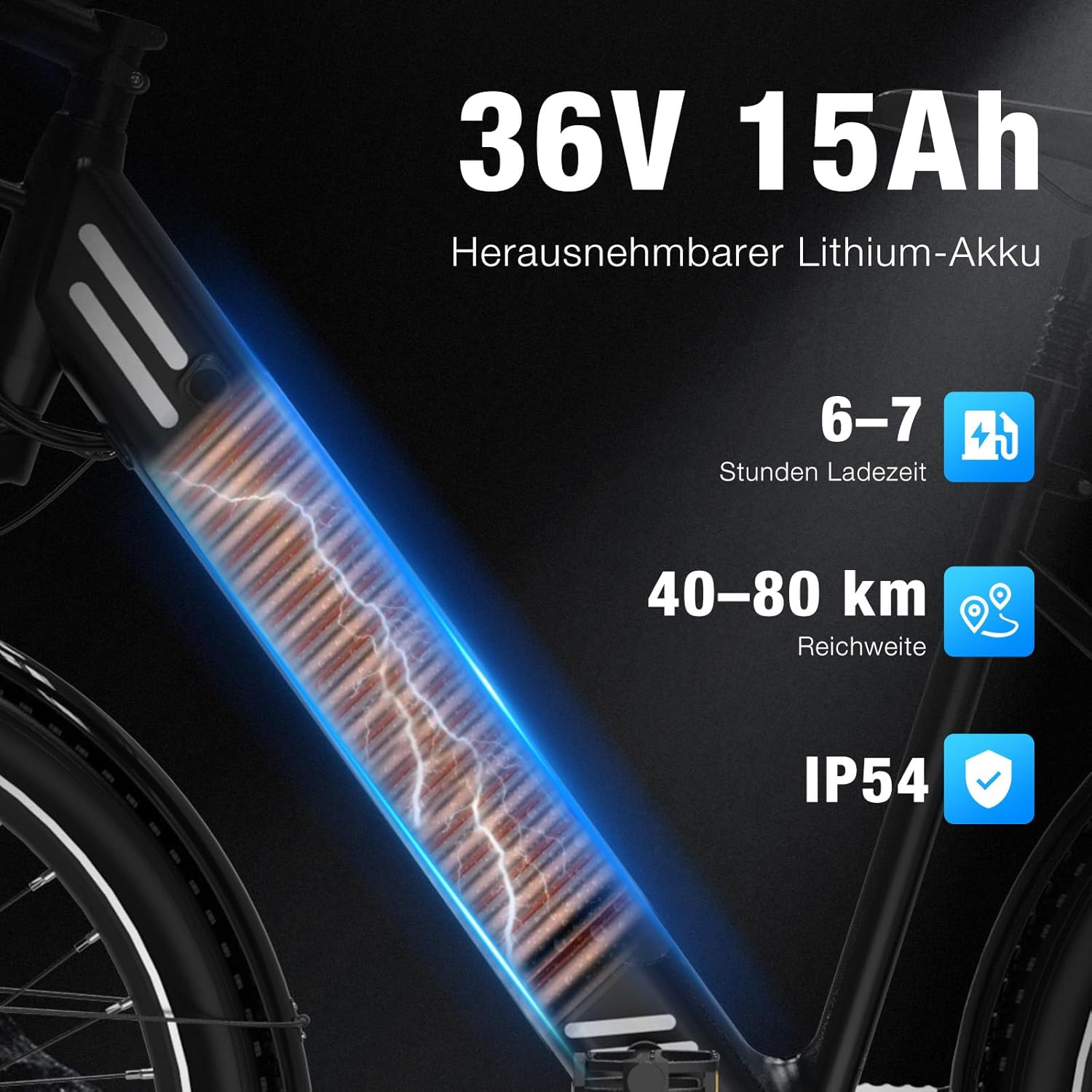 E-Bike-Rahmen mit hervorgehobenem Akku. Text zeigt: 36V 15Ah, herausnehmbarer Lithium-Akku, 6-7h Ladezeit, 40-80km Reichweite und IP54.