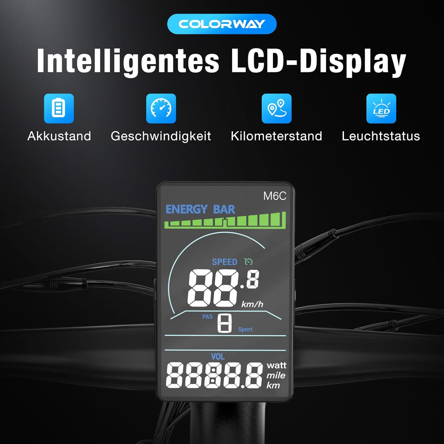 Ein E-Bike-Display zeigt Geschwindigkeit 88,8 km/h, Akkuladestand und andere Daten mit dem Text 'Intelligentes LCD-Display'.