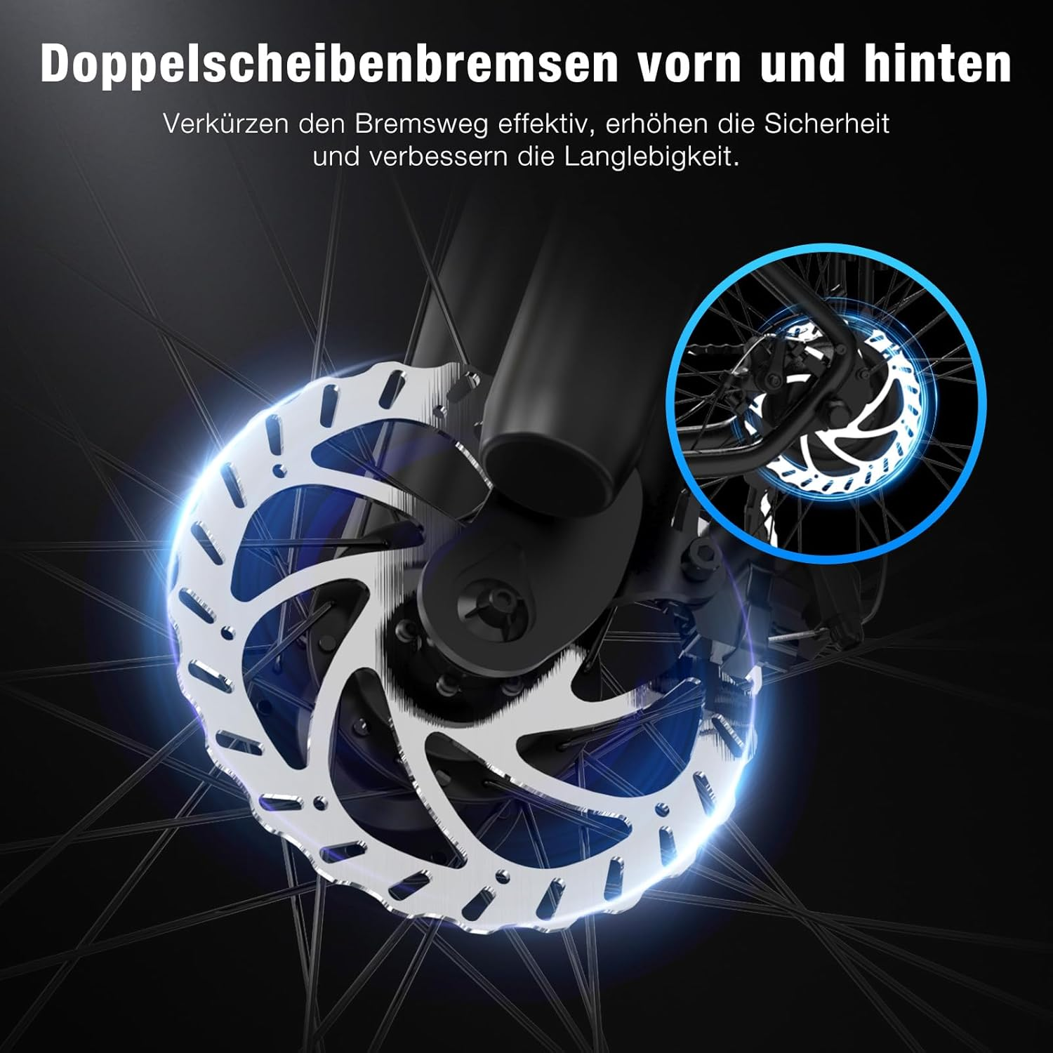 Nahaufnahme einer Fahrrad-Scheibenbremse, hervorgehoben durch blaues Licht. Der Text oben lautet: "Doppelscheibenbremsen vorne und hinten".