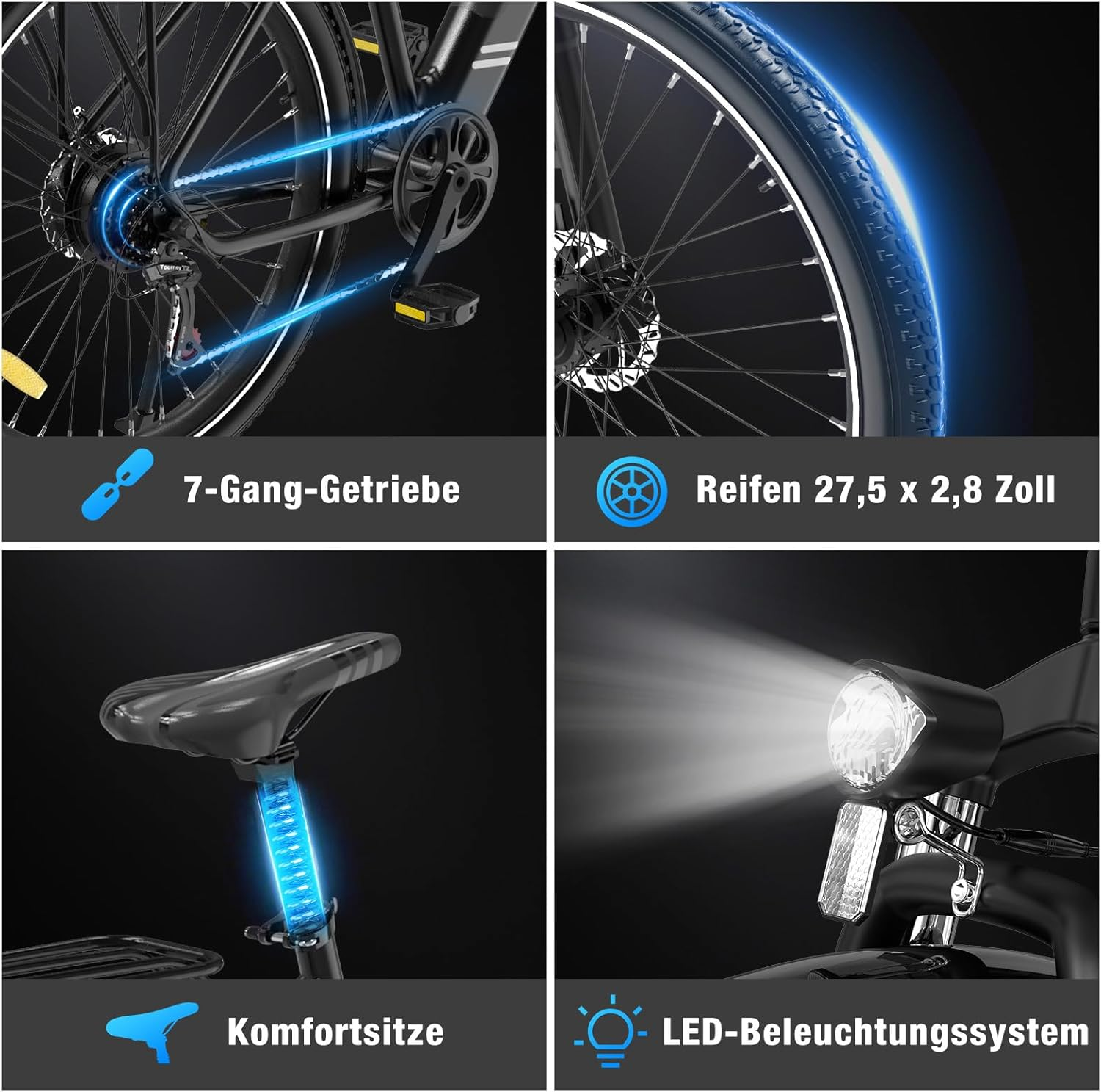 Fahrradkomponenten: Rad, Gänge, Reifen, Sattel und Scheinwerfer mit deutschen Beschriftungen. Blaue Akzente.