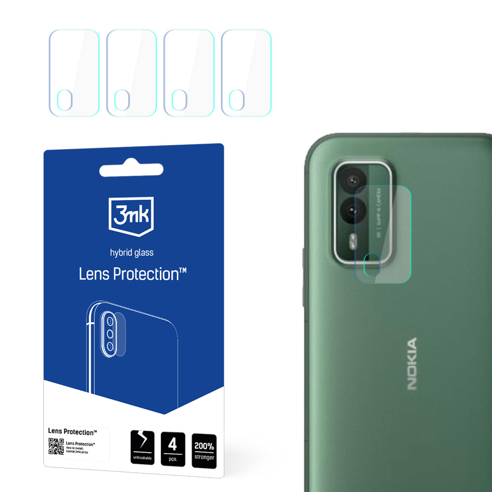 Un kit di protezione per lenti del telefono con telefono, protezione e confezione. Il telefono è verde e ha una fotocamera.