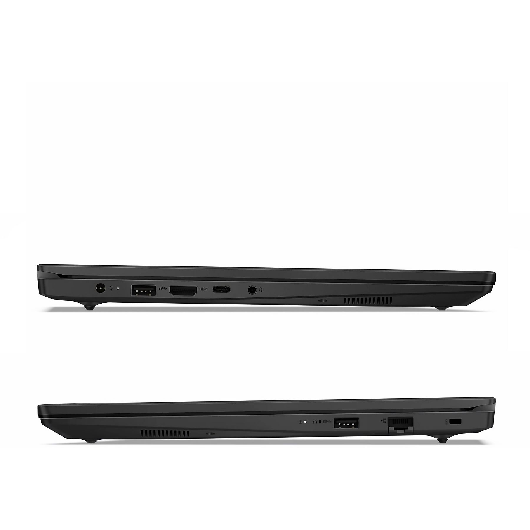 Zwei schwarze Laptops in Seitenansicht, mit Anschlüssen: Strom, USB, HDMI, Audioanschluss und Lüftungsgitter auf weißem Hintergrund.