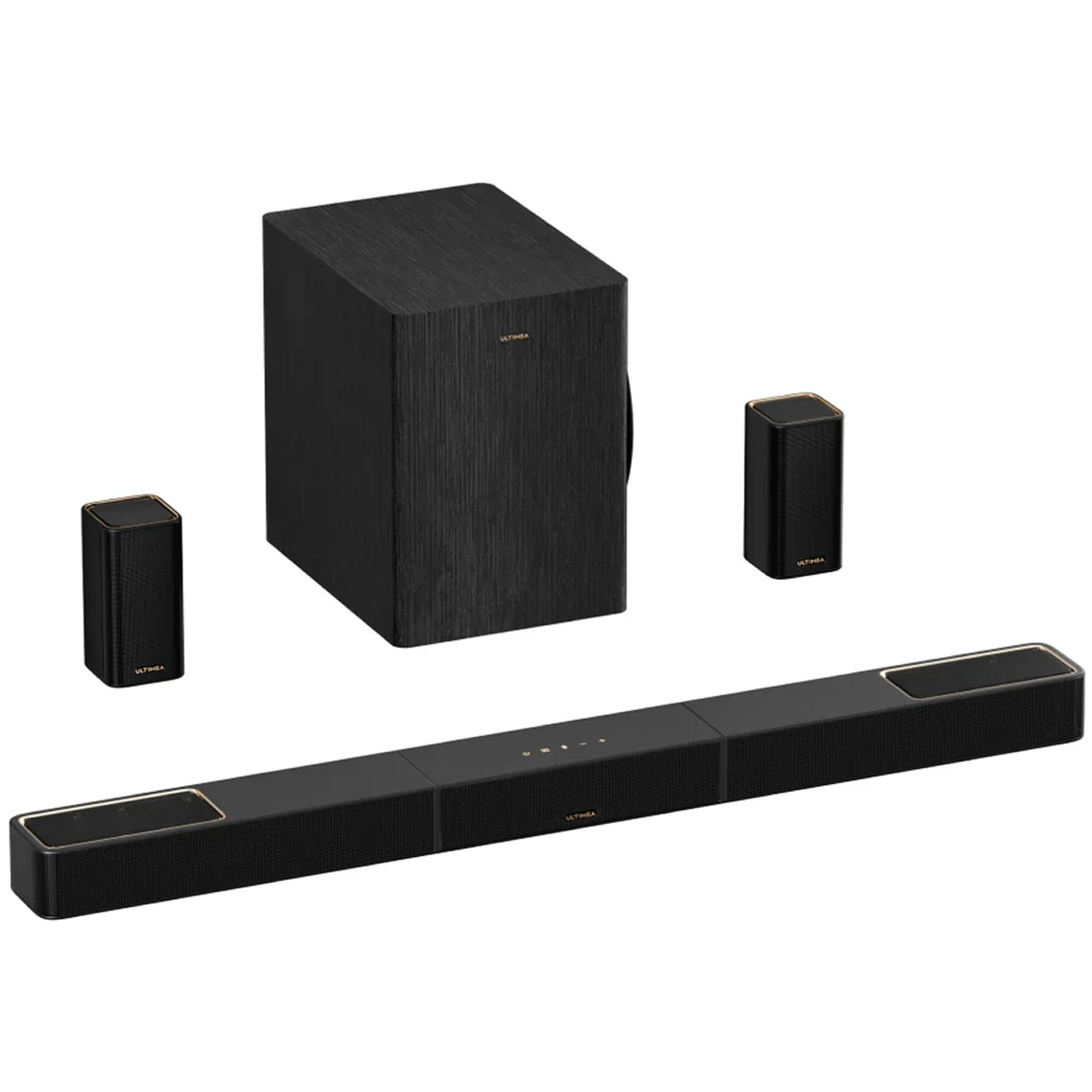 Czarny zestaw nagłośnieniowy. Składa się z subwoofera, soundbaru i dwóch małych głośników. Wszystkie są czarne ze złotymi akcentami.