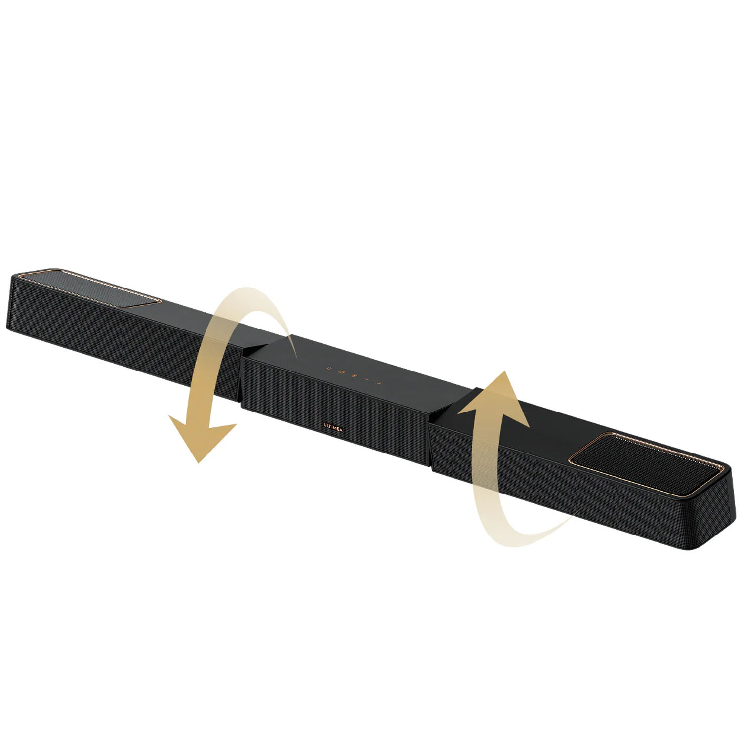 Czarny soundbar ze złotymi akcentami. Strzałki wskazują rozszerzenie. Urządzenie jest oznaczone jako "ULTIMEA".