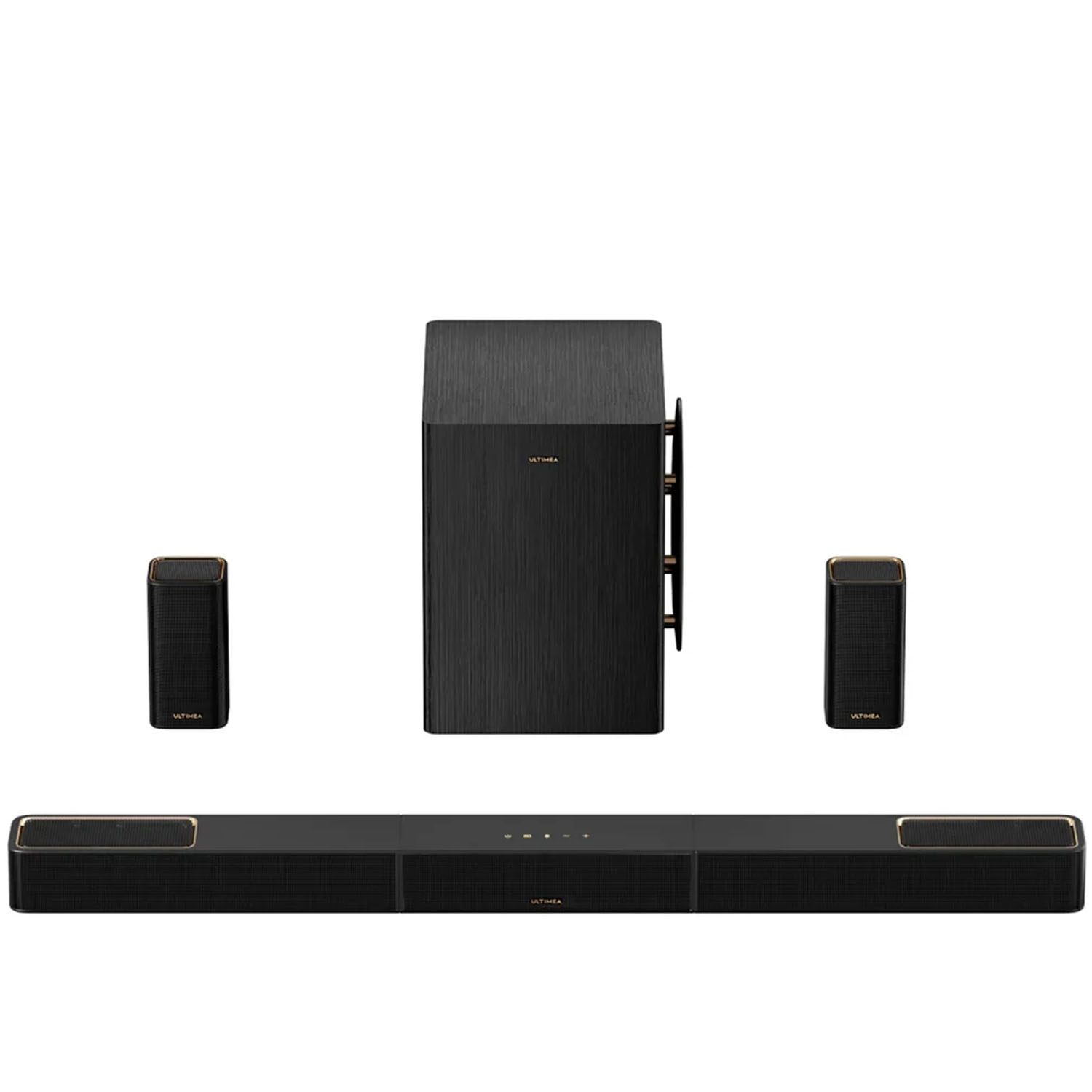 Czarny system dźwiękowy z soundbarem, subwooferem i dwoma głośnikami. Widoczne są złote akcenty.