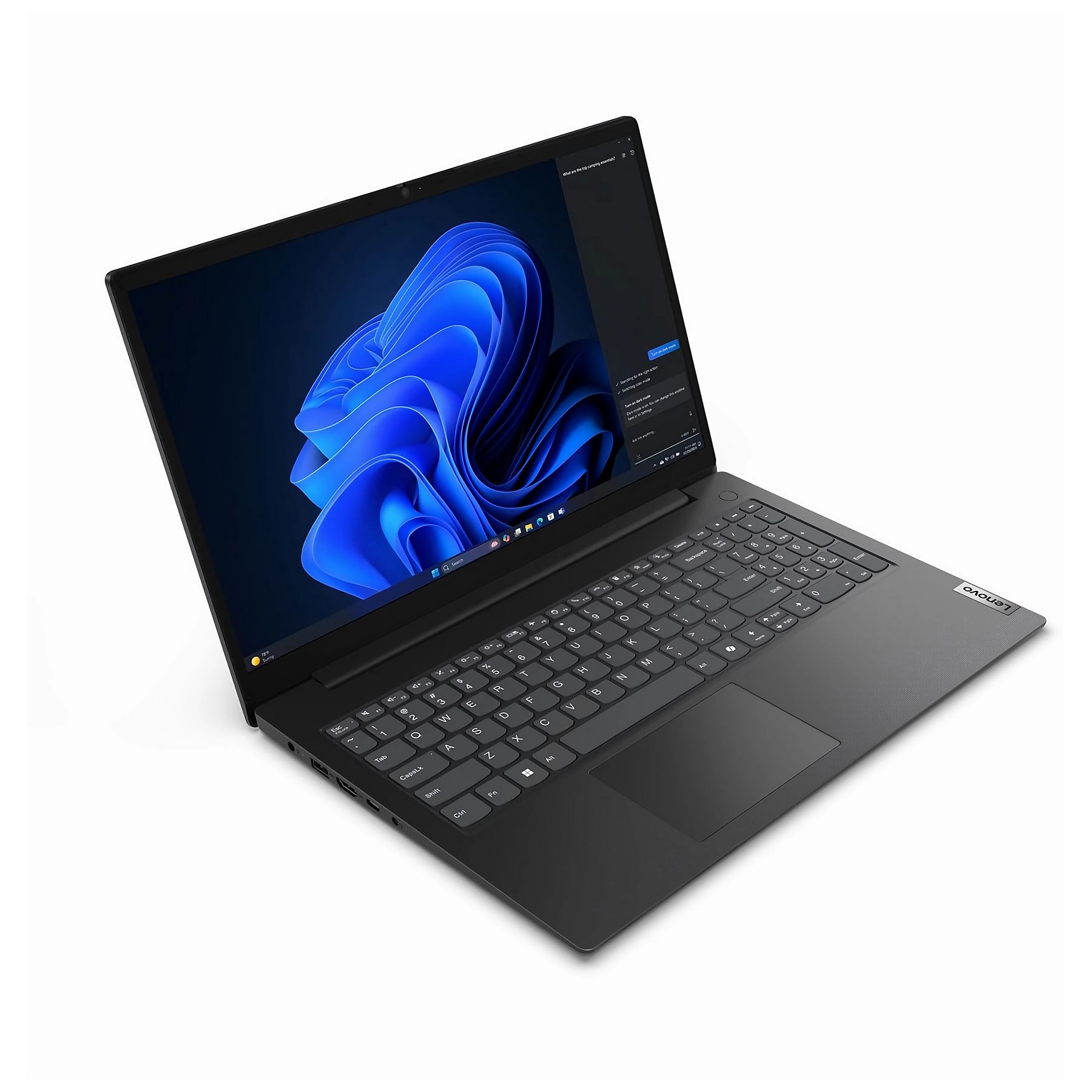 Schwarzer Lenovo-Laptop auf weißer Oberfläche. Der Bildschirm zeigt ein blaues abstraktes Bild. Die Tastatur ist sichtbar.