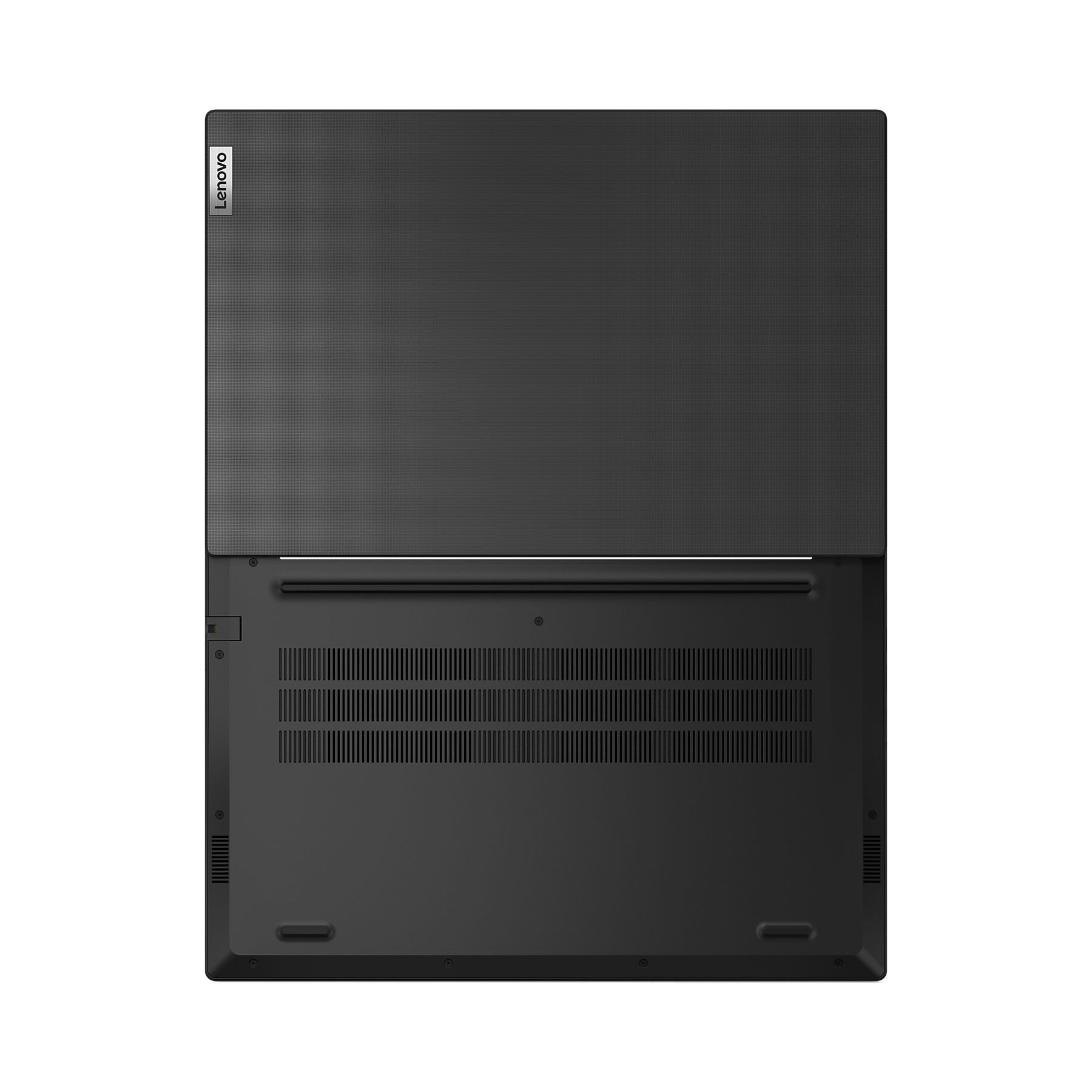 Ein schwarzer Lenovo-Laptop, geöffnet. Der Deckel ist hochgeklappt und gibt die Tastatur und die Unterseite frei. Das Lenovo-Logo ist sichtbar.