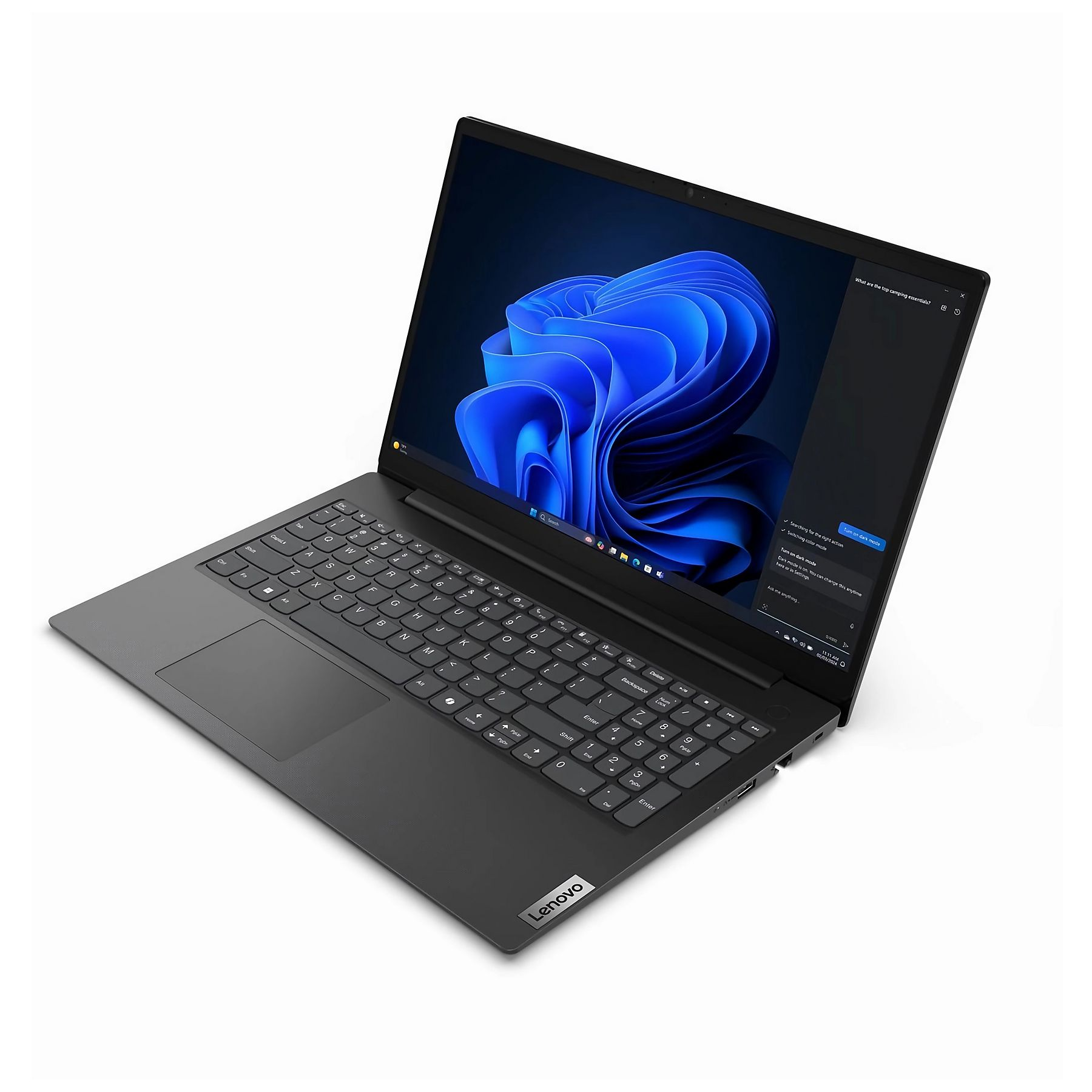 Ein grauer Lenovo-Laptop ist geöffnet und zeigt ein blaues, abstraktes Bild auf dem Bildschirm. Die Tastatur ist sichtbar.