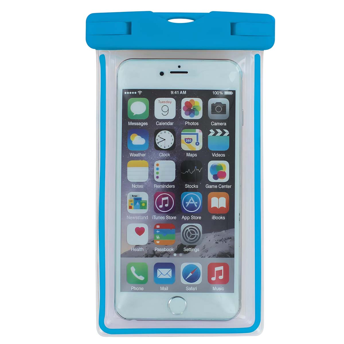 Un iPhone è all'interno di una custodia blu impermeabile. Lo schermo mostra icone di app, tra cui messaggi, fotocamera e calendario.