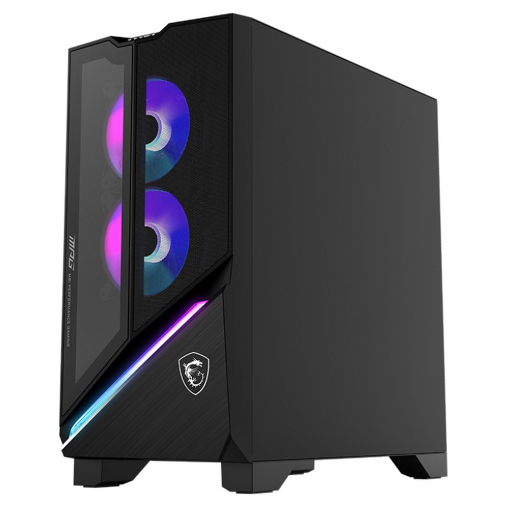 Czarna obudowa komputera MSI. Zawiera szklany panel, dwa wentylatory z podświetleniem RGB i logo smoka.