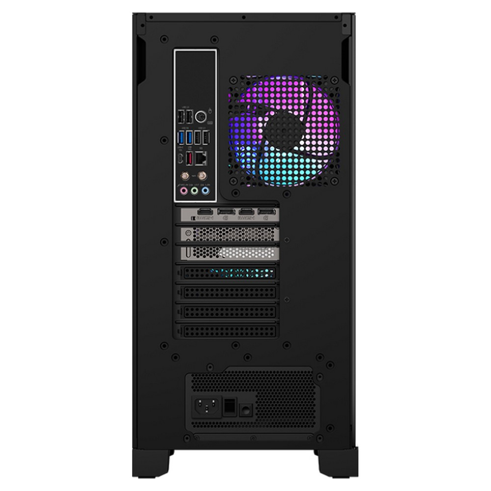 Tył czarnej obudowy komputera. Wentylator z oświetleniem RGB. Porty i gniazda.