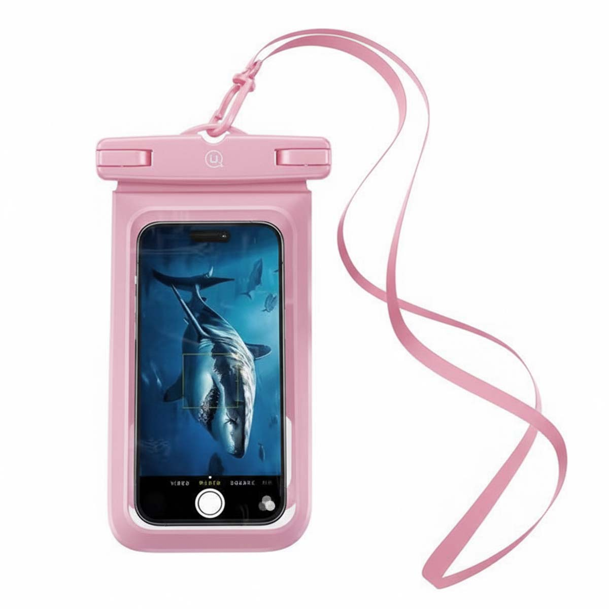 Una custodia rosa impermeabile per telefono con un cinturino rosa. Il telefono mostra uno squalo sott'acqua. La custodia è aperta.