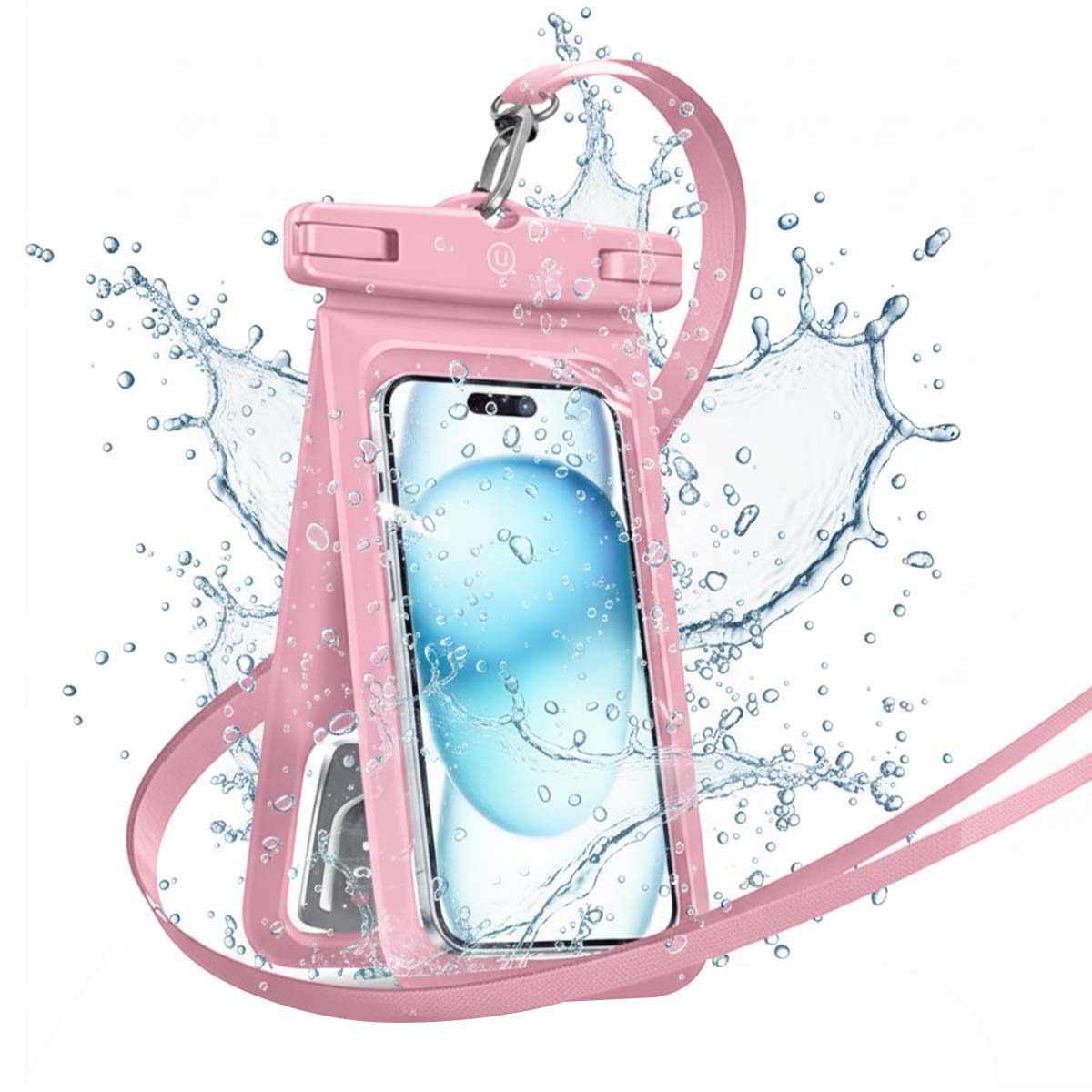 Una custodia rosa impermeabile per telefono con un telefono all'interno è circondata da gocce d'acqua e un effetto splash, un cinturino rosa è attaccato.