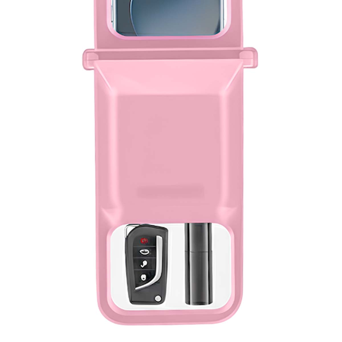 Custodia rosa impermeabile per telefono con chiave dell'auto e un oggetto grigio scuro all'interno. Un telefono è visibile in alto.