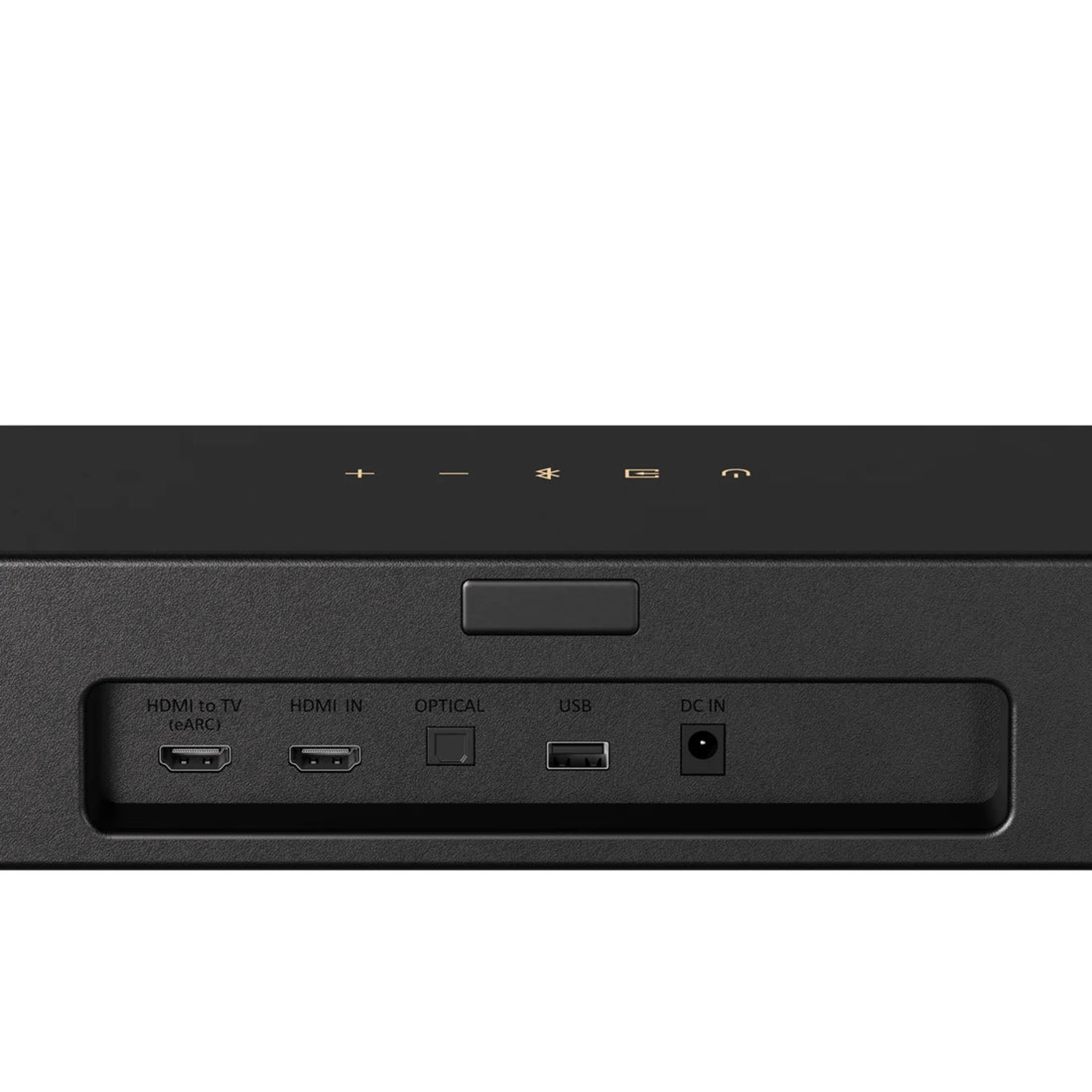 Czarny soundbar z portami: HDMI to TV, HDMI IN, OPTICAL, USB i DC IN. Na górze ikony sterowania.
