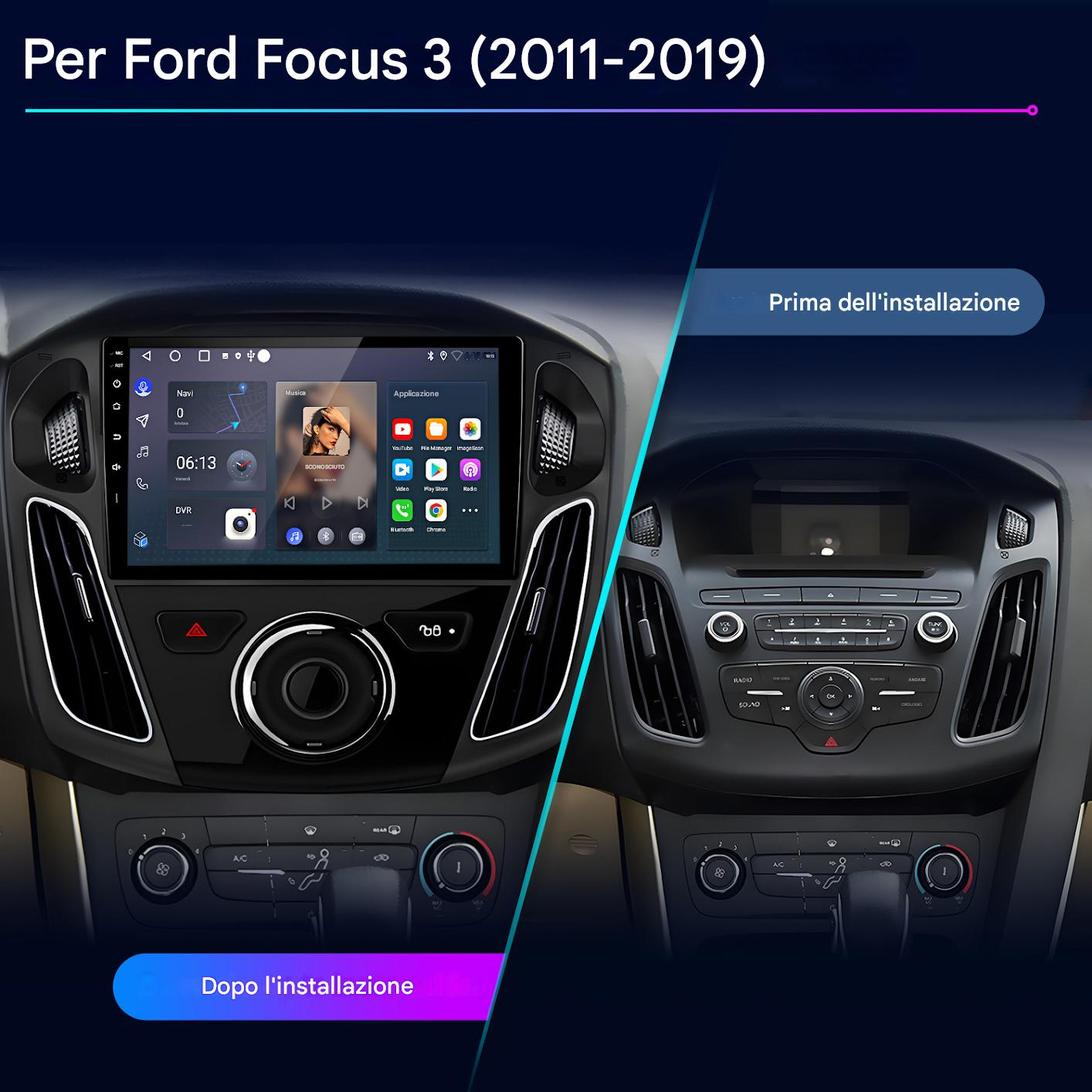 Confronto del cruscotto di un'auto prima e dopo l'installazione di un moderno sistema di infotainment. Mostra navigazione, app e comandi dell'auto.