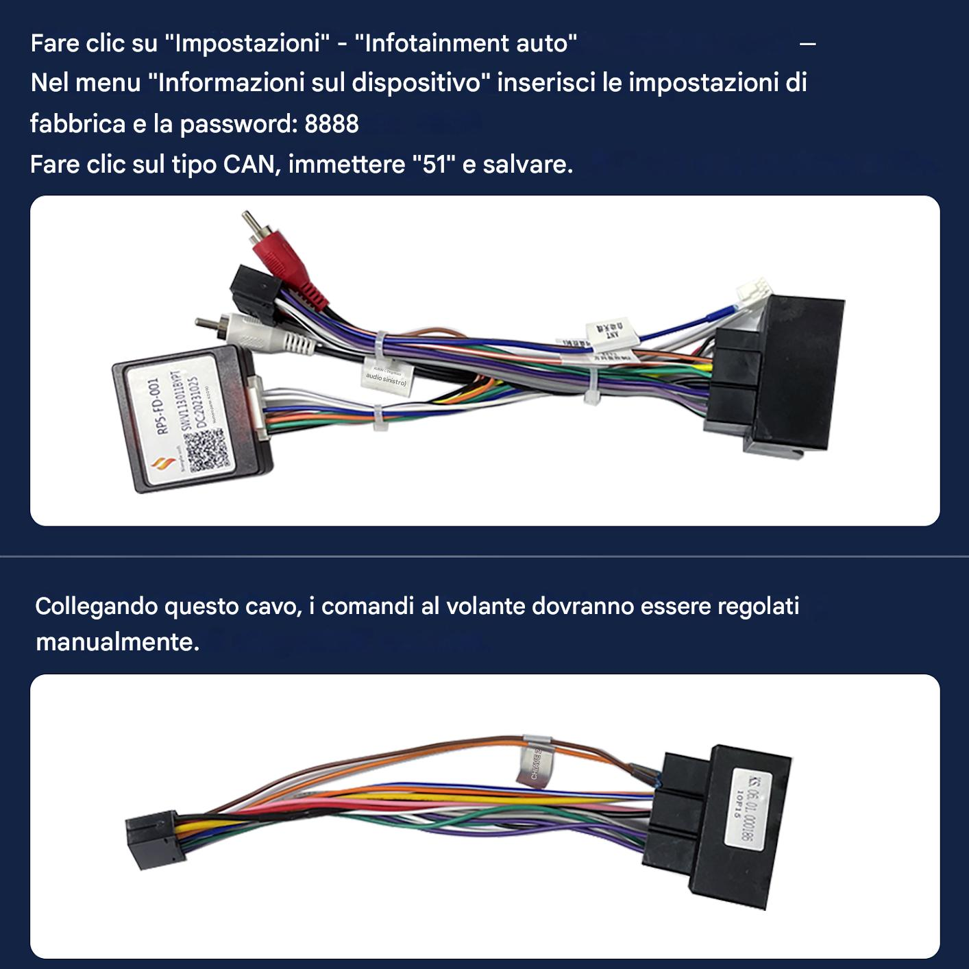 L'immagine mostra il cablaggio audio dell'auto con connettori ed etichette. Testi in italiano offrono istruzioni di configurazione. L'immagine è per la configurazione audio dell'auto.