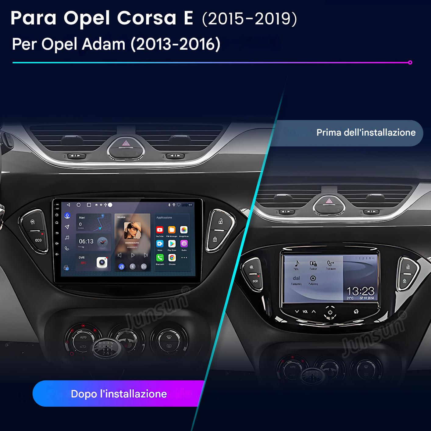 Confronto del cruscotto dell'auto: prima e dopo l'installazione. Mostra uno schermo con app e controlli dell'auto.