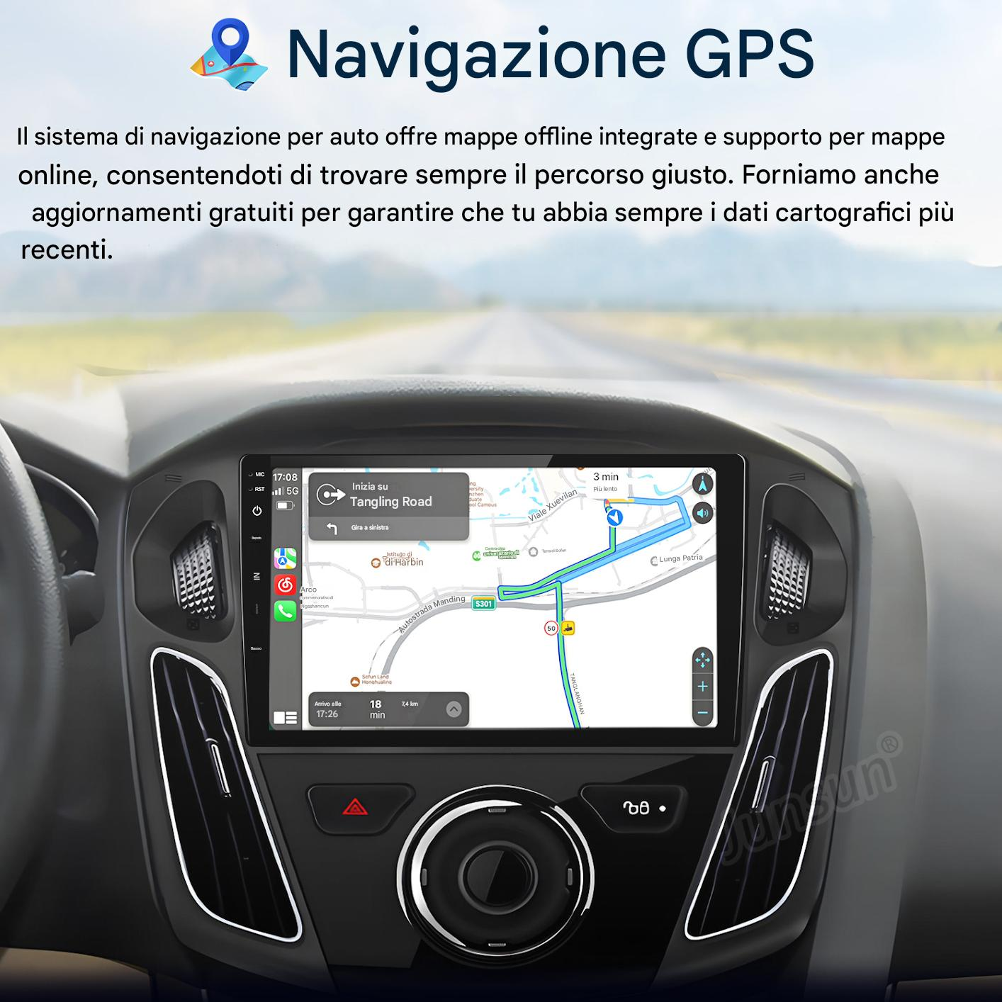 Cruscotto dell'auto con navigazione GPS. Lo schermo mostra una mappa con indicazioni stradali, tempo e distanza dalla destinazione.