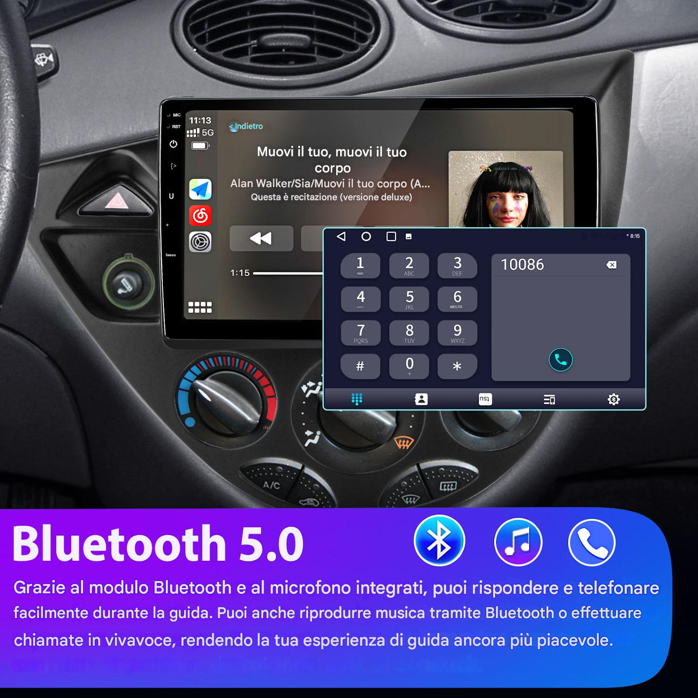 Cruscotto dell'auto che mostra uno schermo Bluetooth 5.0, un tastierino numerico e un'interfaccia musicale, con il volto di una persona sullo schermo.