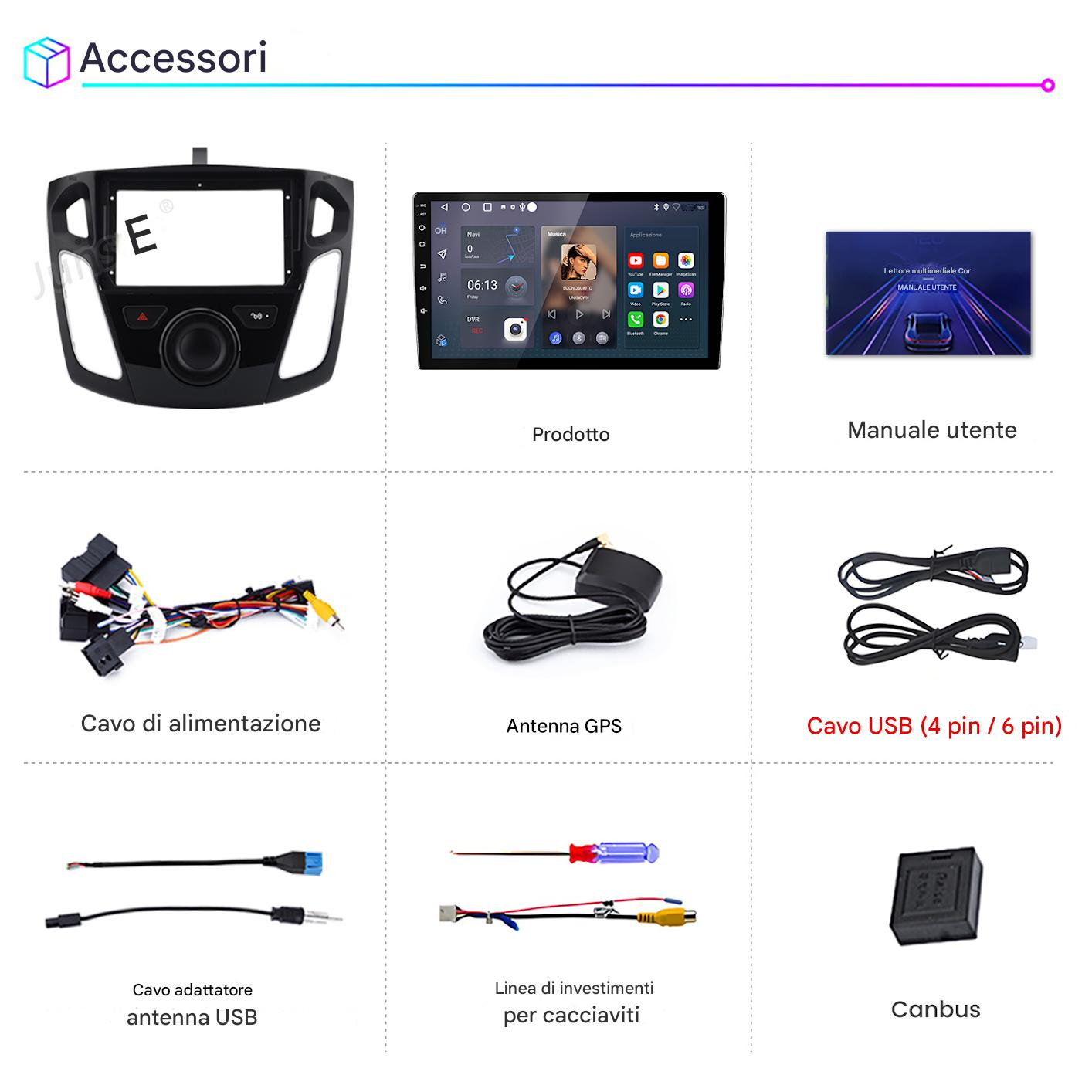 L'immagine mostra accessori per auto: un'autoradio, un manuale, cavi, un'antenna e altri componenti elettronici.