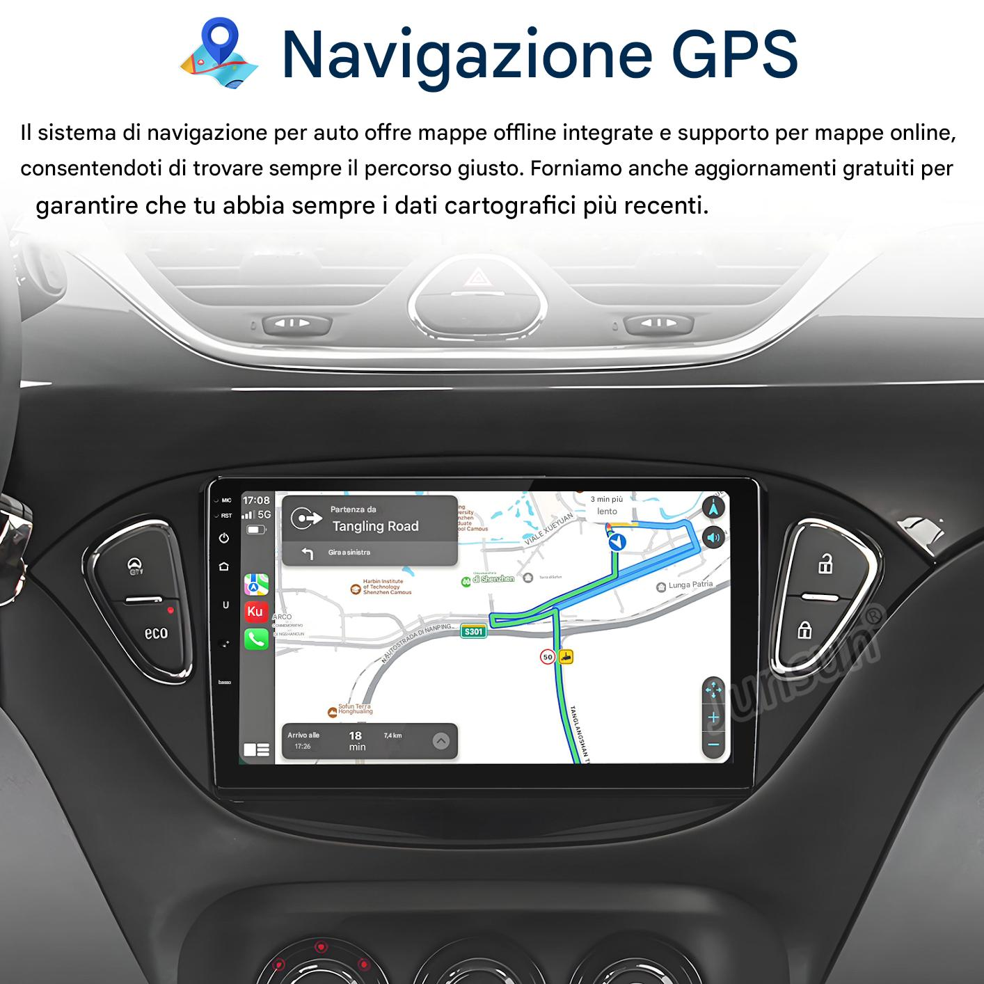 Cruscotto auto con schermo di navigazione GPS, mappa e indicazioni stradali.