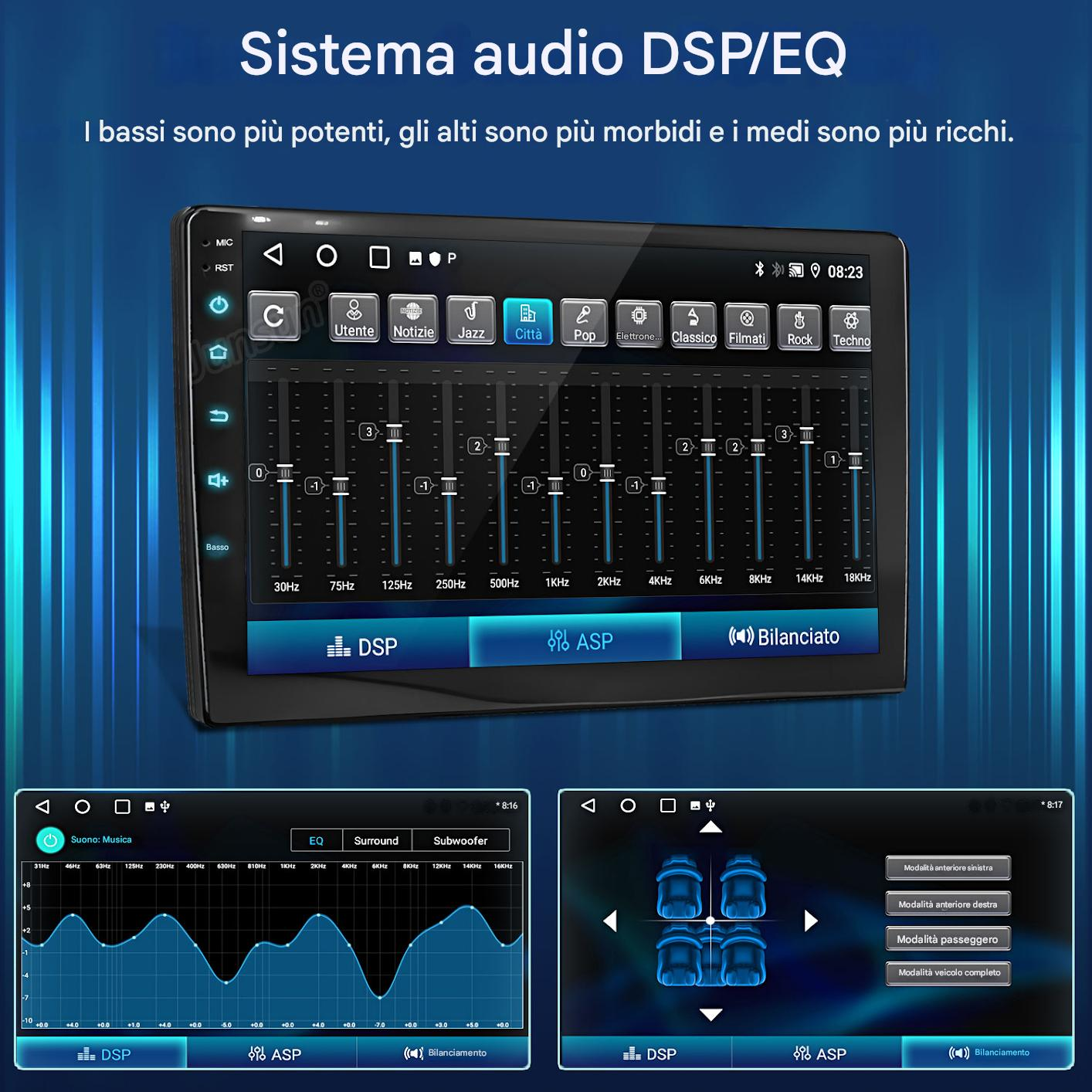 Interfaccia del sistema audio dell'auto con equalizzatore, DSP, controlli bilanciamento, impostazioni audio e opzioni.