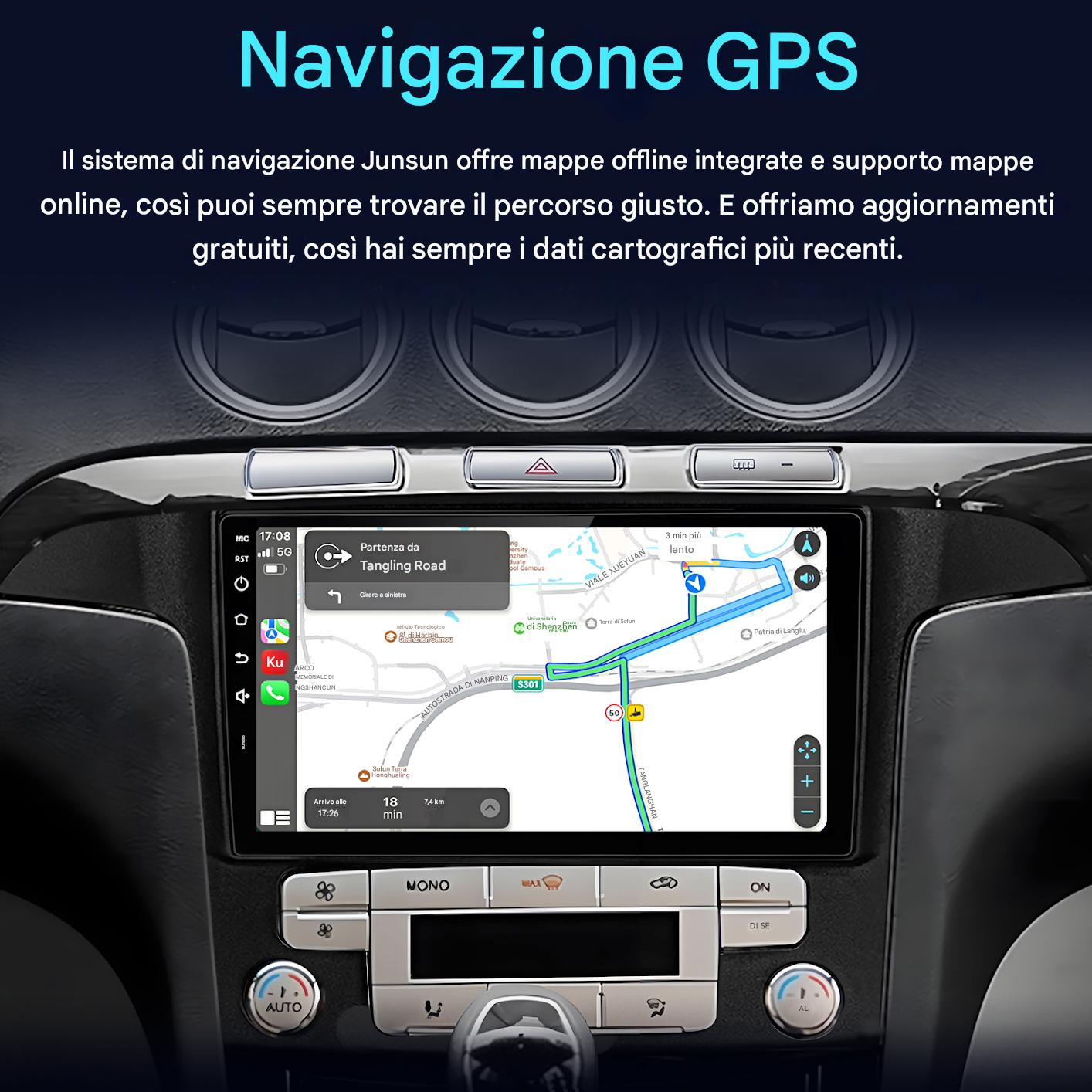 Cruscotto dell'auto che mostra una schermata di navigazione GPS con una mappa e guida del percorso, con vari pulsanti di controllo.