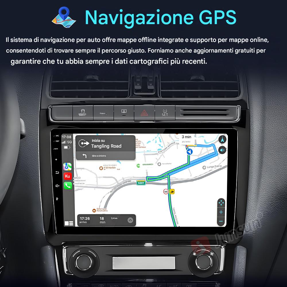 Cruscotto auto con navigatore GPS. Lo schermo mostra mappa con indicazioni e l'ora.