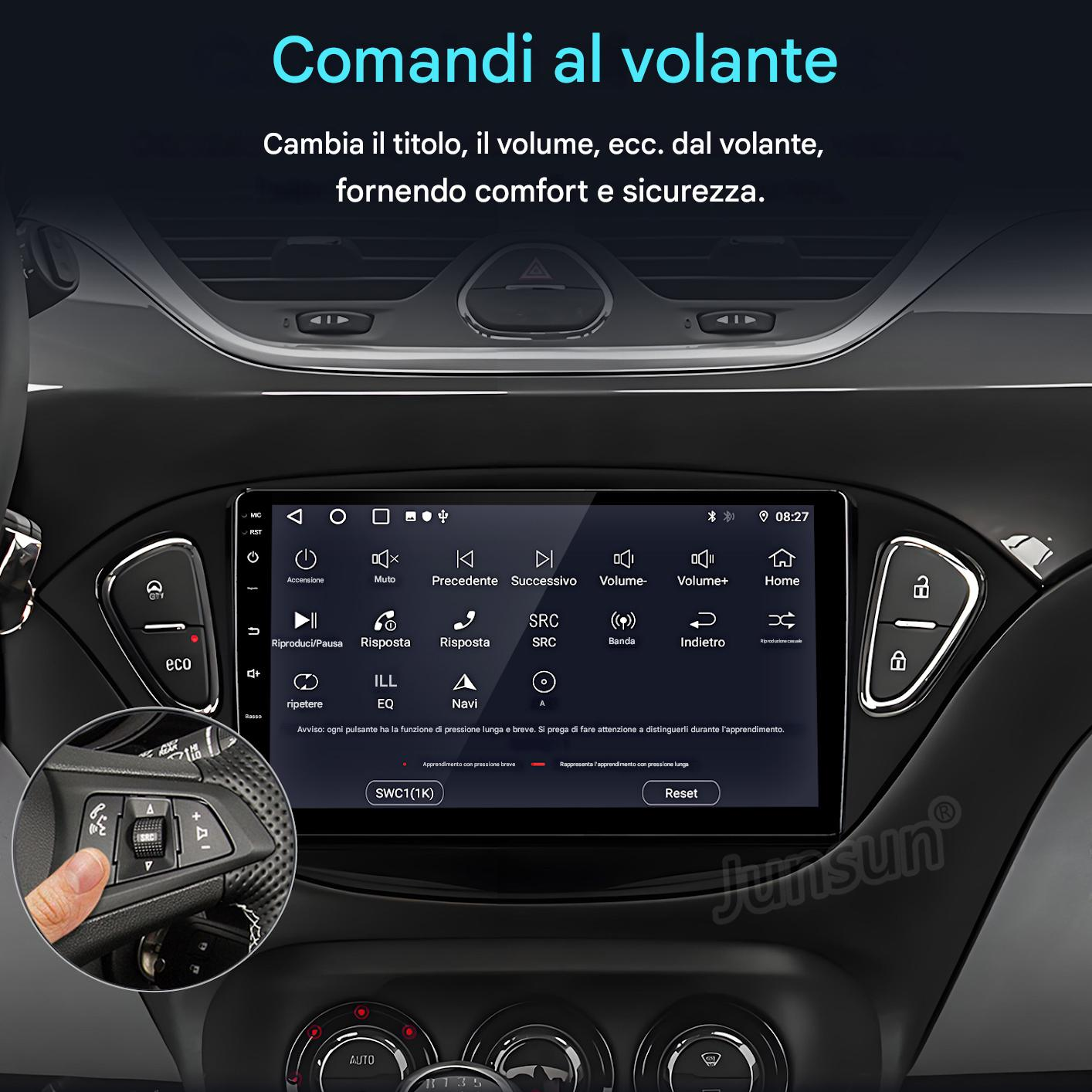Cruscotto auto con schermo, pulsanti, mano sul volante e la scritta 'Junsun' in basso.