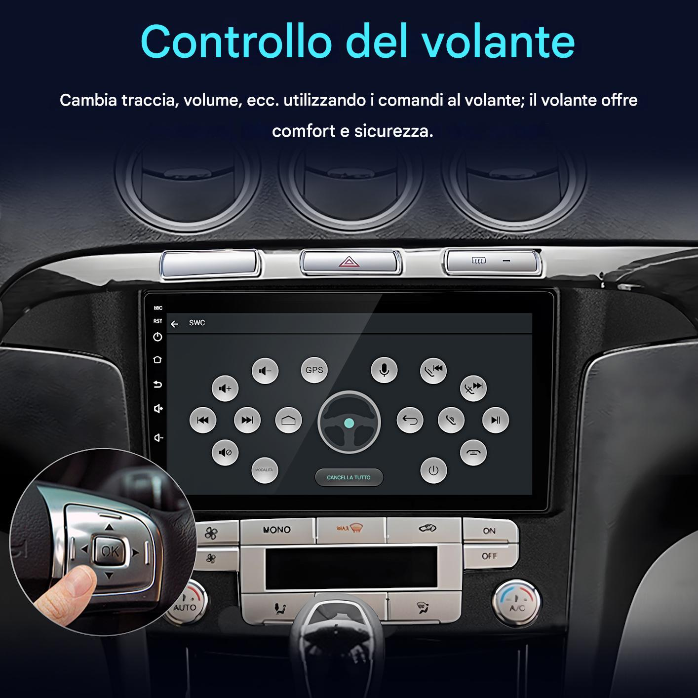 Cruscotto auto con display touchscreen, comandi al volante e una mano che preme 'OK' sul volante.