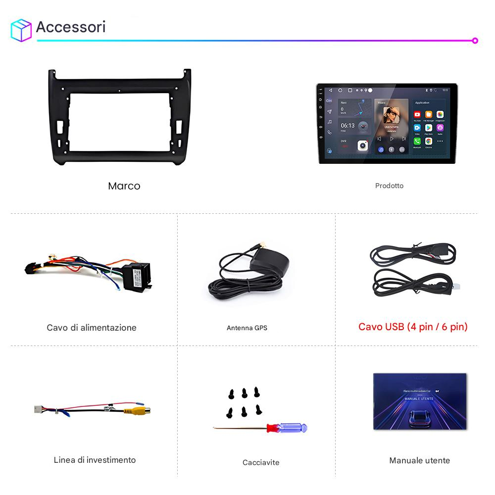 L'immagine mostra accessori per auto: telaio, schermo, cavi, antenna GPS, cacciavite, viti e manuale utente.