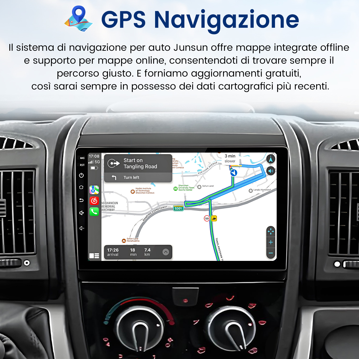 Cruscotto dell'auto con navigazione GPS sullo schermo. La mappa mostra le indicazioni stradali. Testo in italiano.