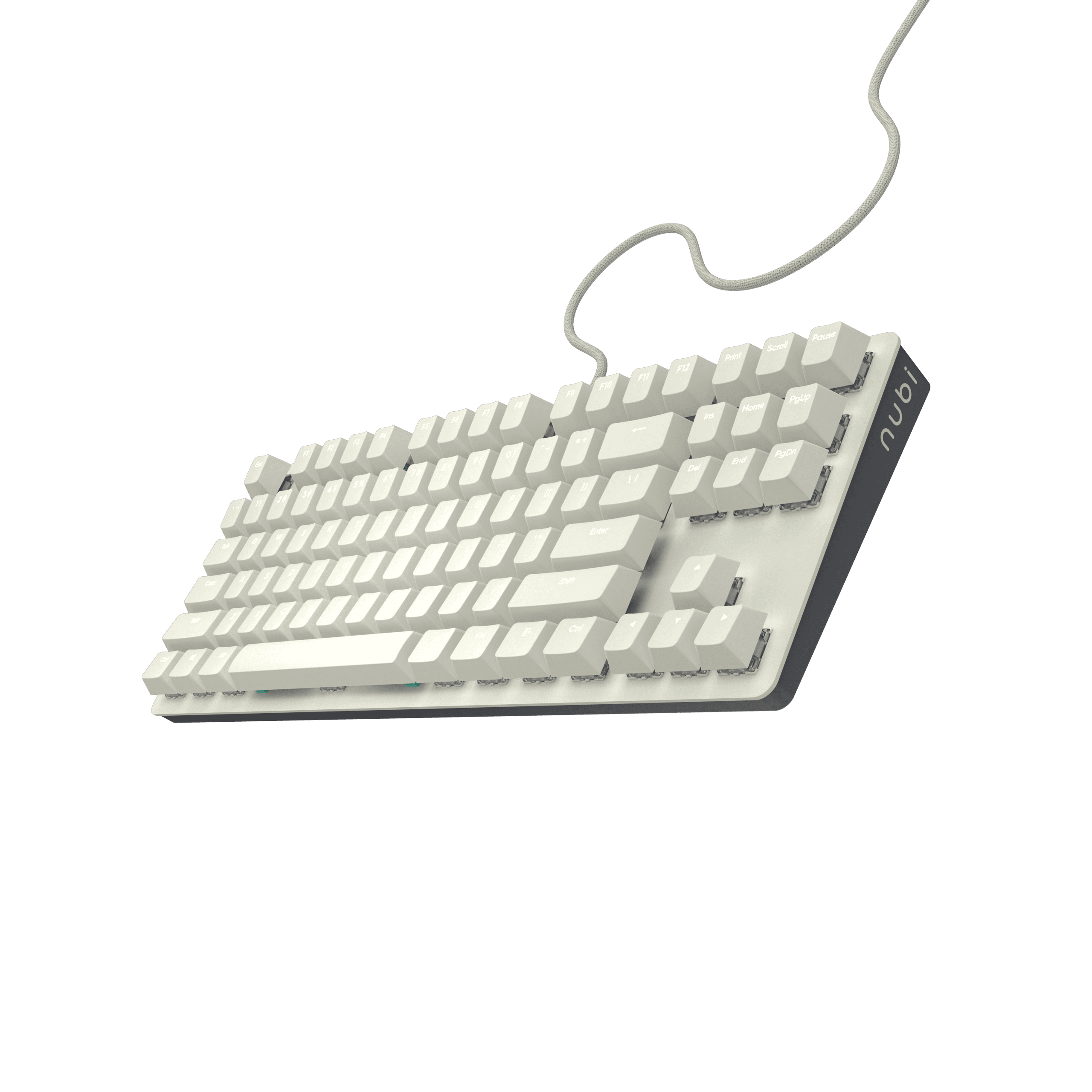 Eine weiße mechanische Tastatur mit hellgrauen Tasten, ein weißes Kabel und das Wort 'nubi'. Schwarzer Hintergrund.
